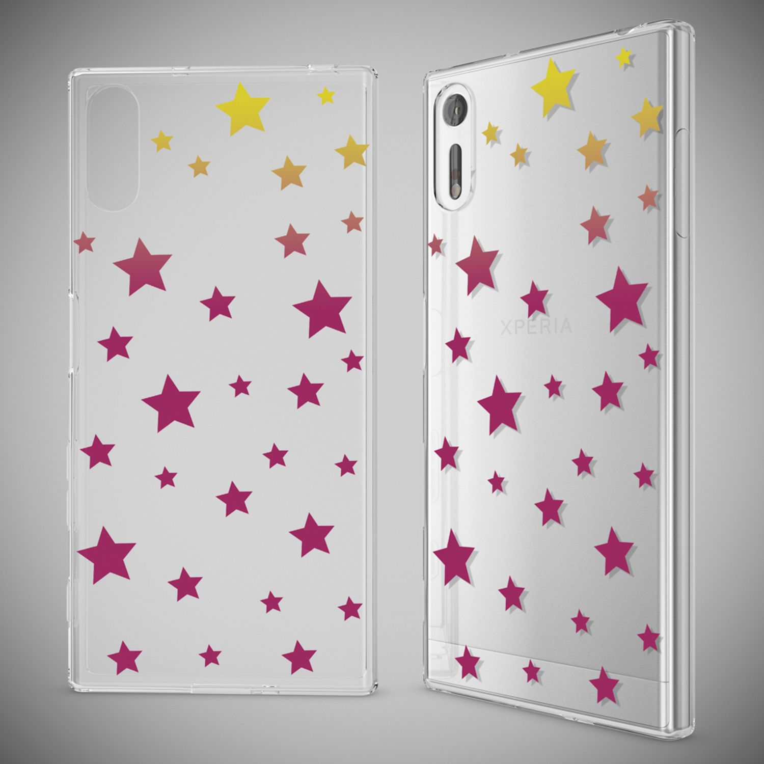 Zwei transparente Handyhüllen mit bunten Sternenmustern, eine davon mit einem Handy.