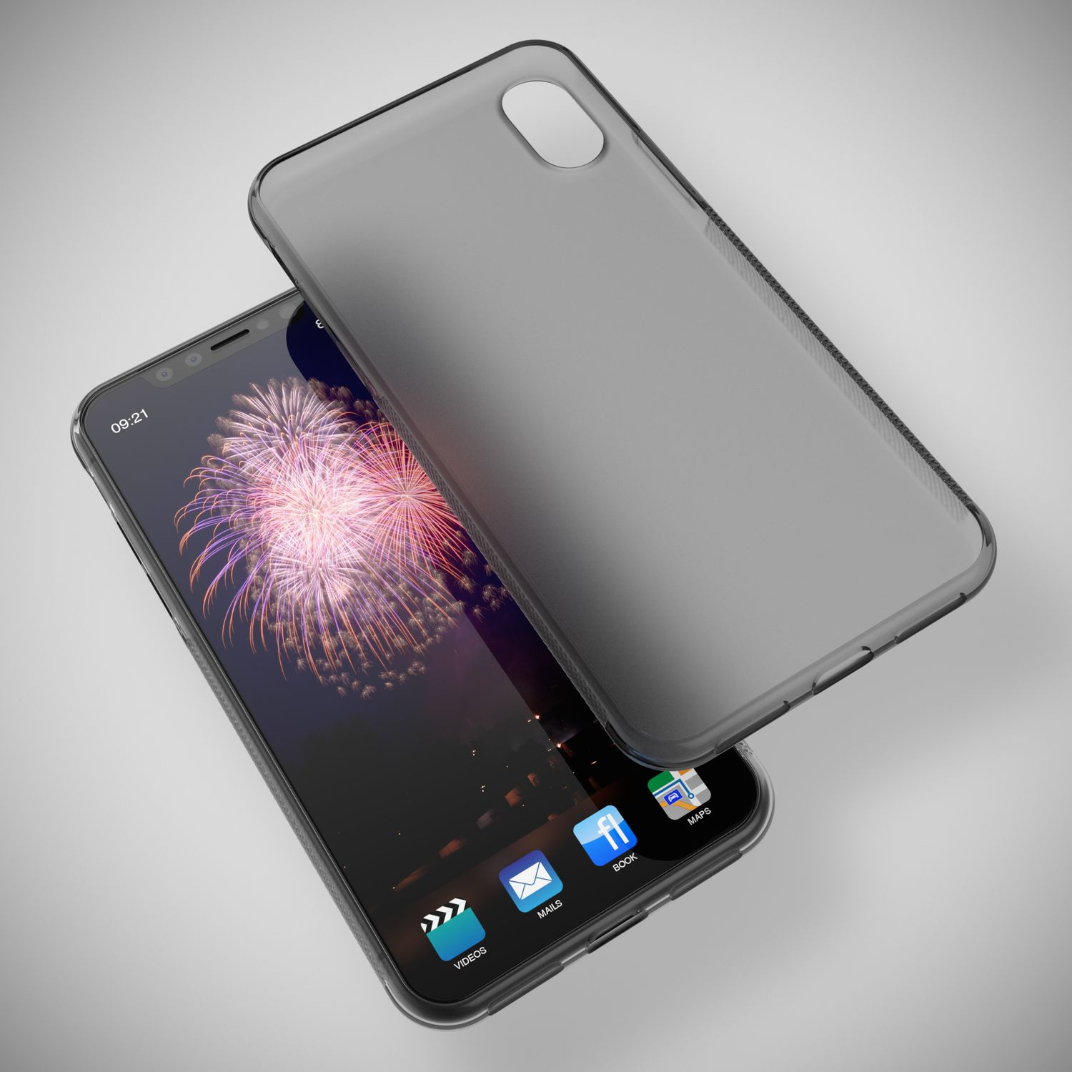 Ein Smartphone mit einer Handyhülle, die darüber liegt. Der Bildschirm zeigt einen Feuerwerk-Hintergrund.