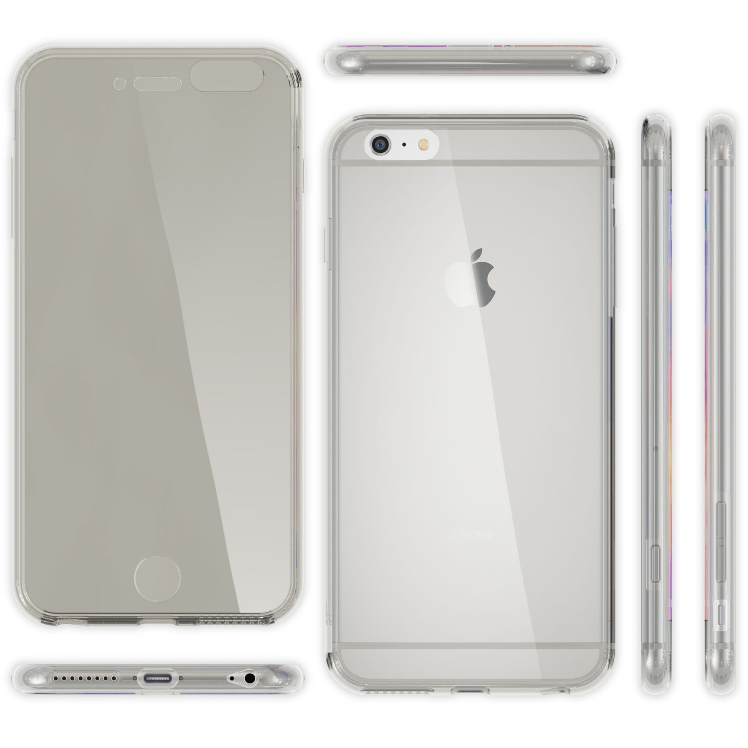 Ein klares iPhone-Gehäuse aus mehreren Blickwinkeln gezeigt.