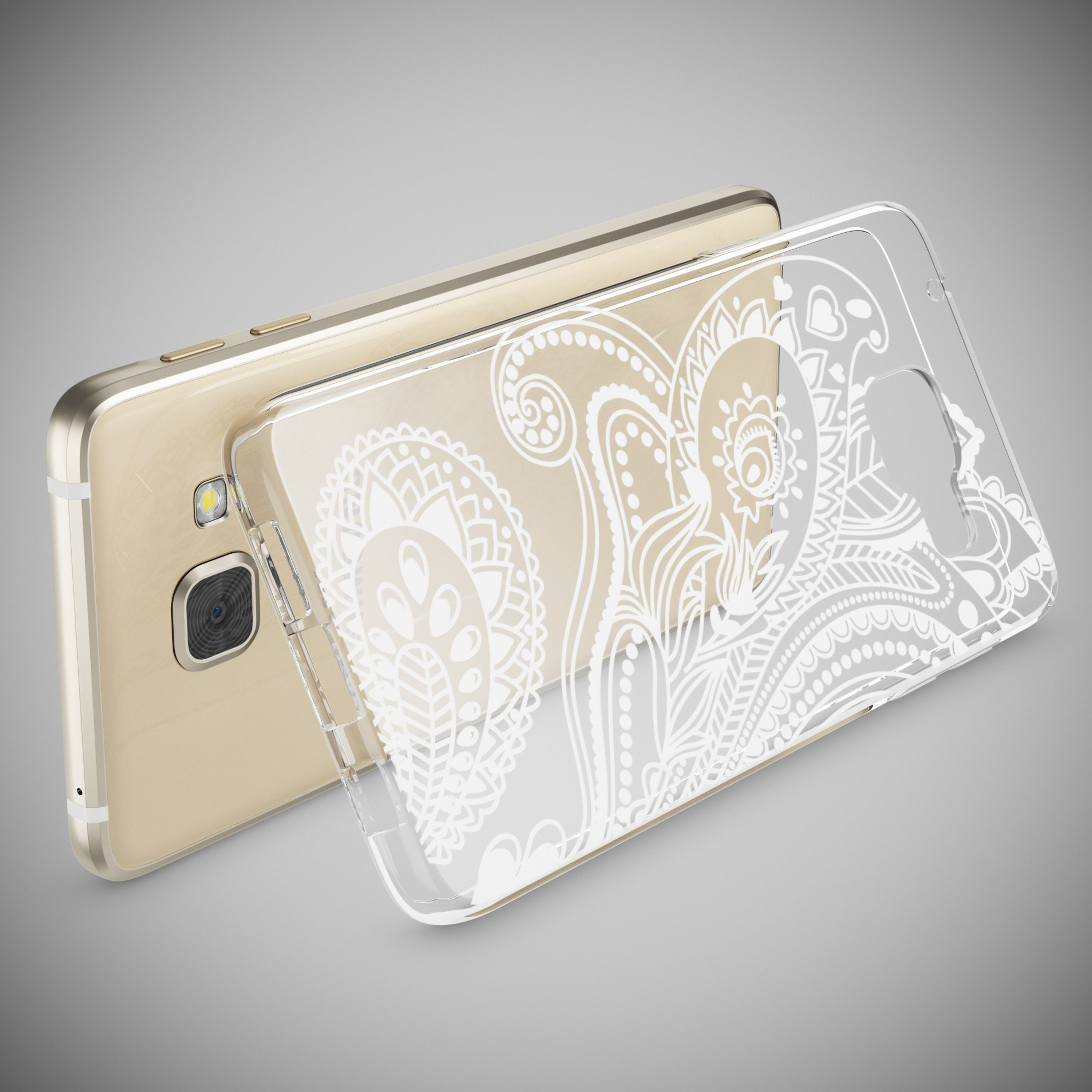Ein goldenes Smartphone mit einer durchsichtigen Hülle mit weißem Muster.