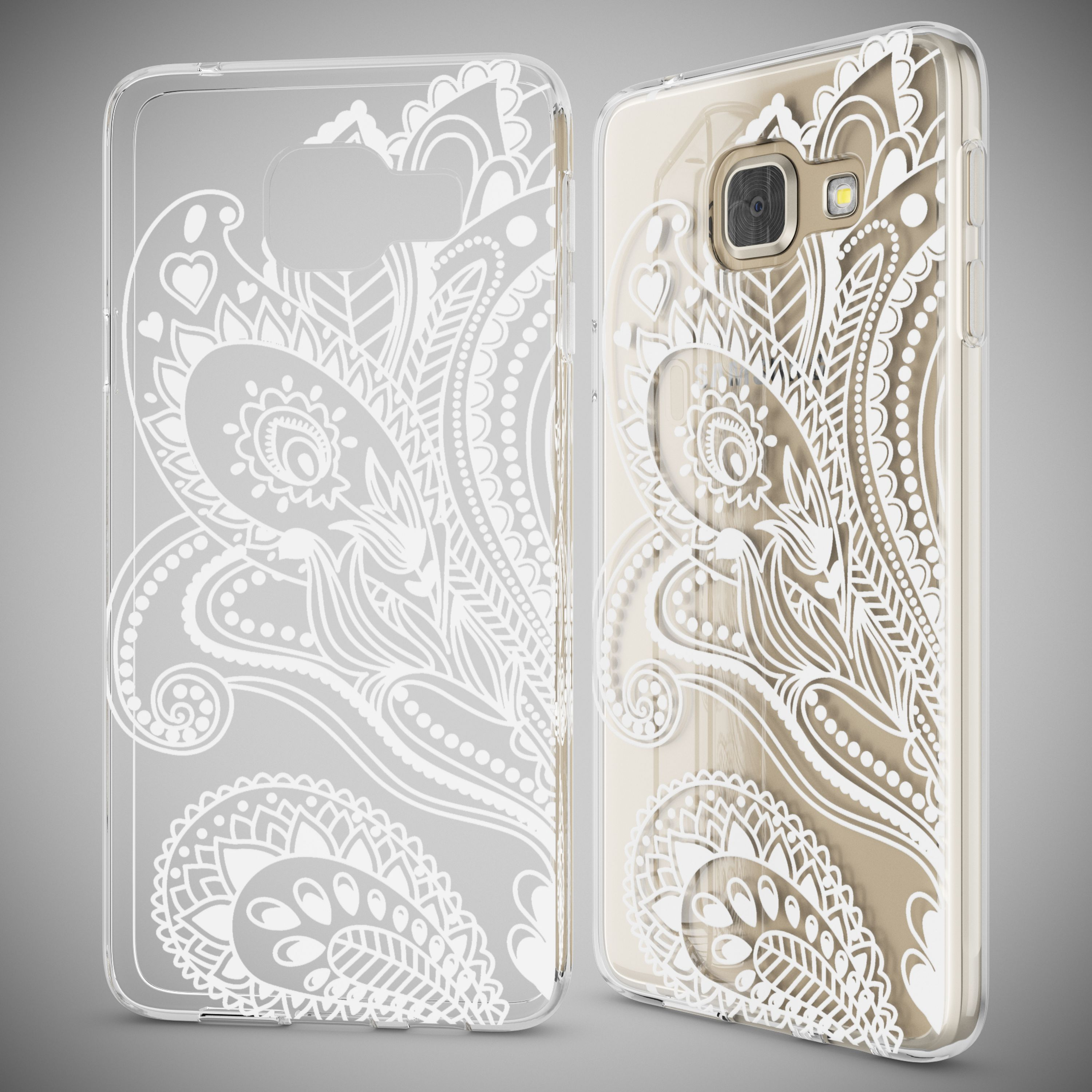 Zwei durchsichtige Handyhüllen mit weißem Paisley-Muster auf grauem Hintergrund.