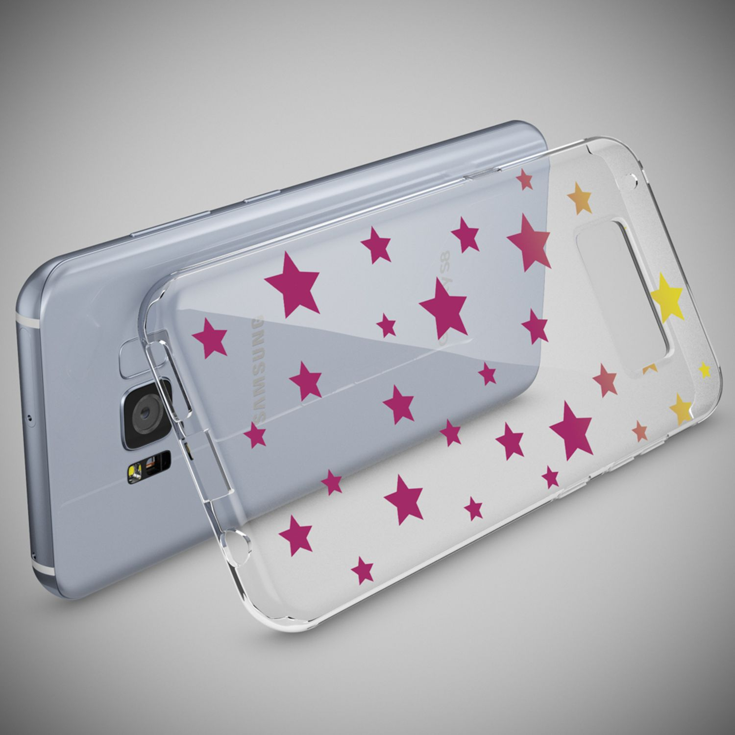 Ein Samsung-Handy mit einem transparenten Sternenmuster-Schutzhülle.