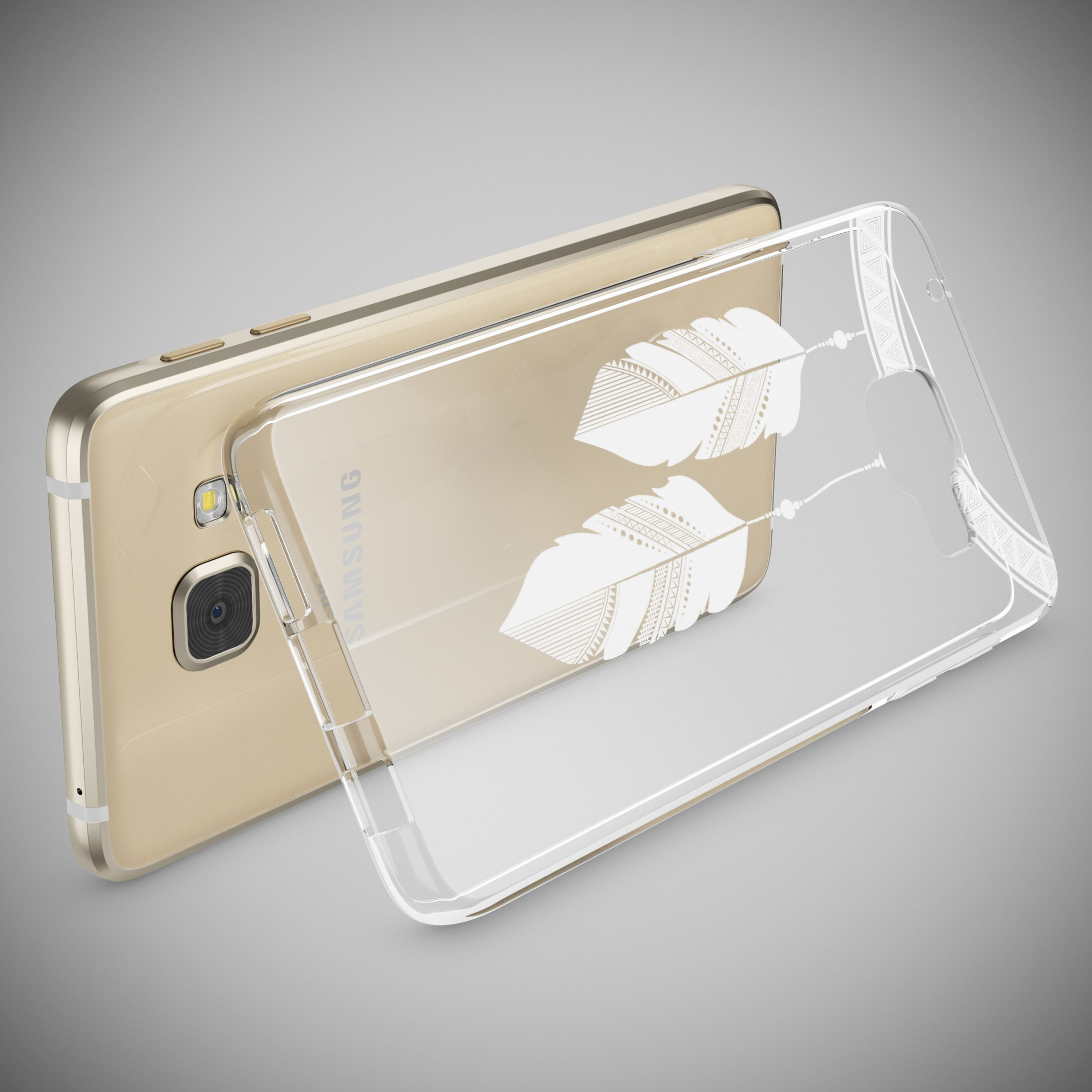 Goldenes Samsung-Handy mit transparentem Schutzhülle mit Federdesign.
