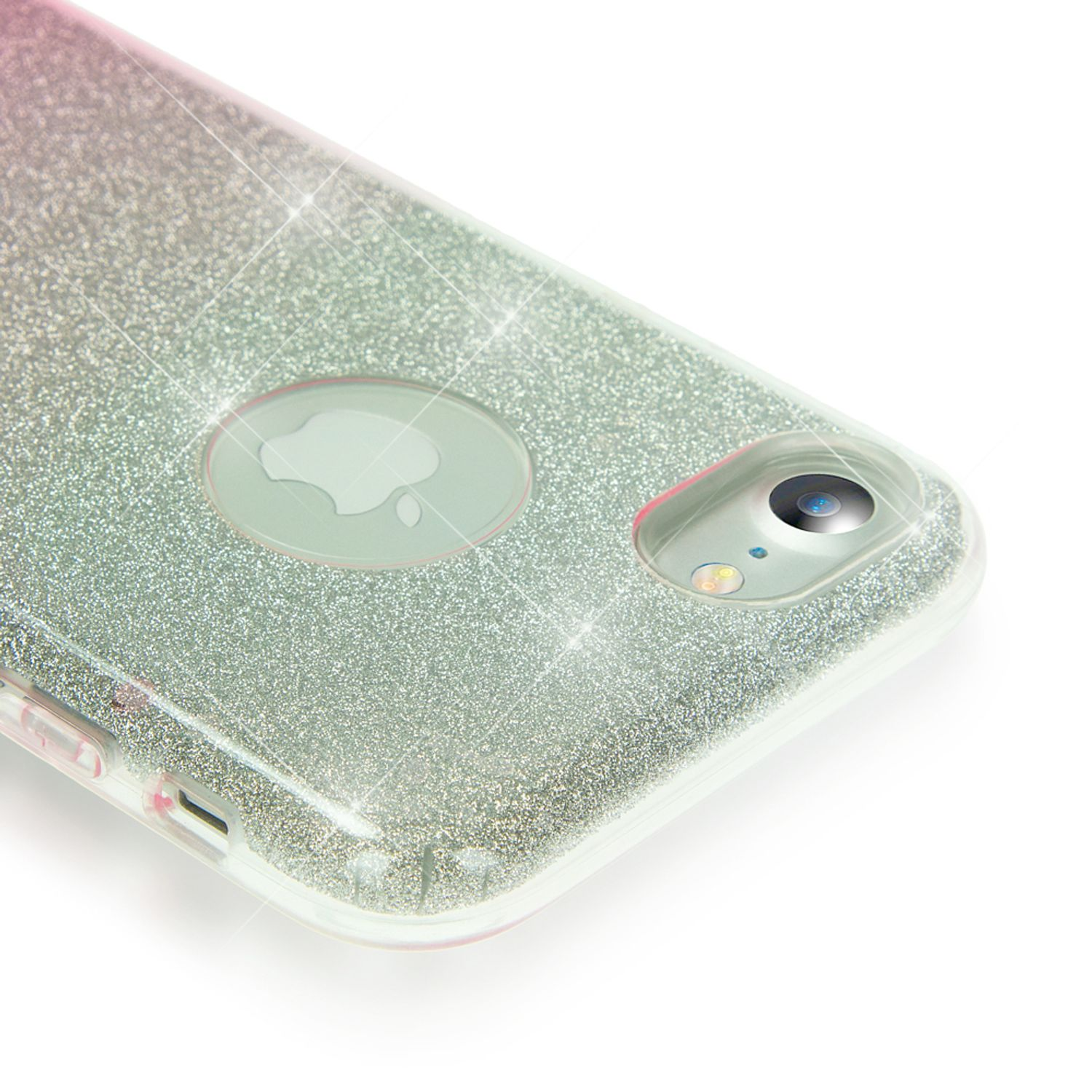 Glitzernde Handyhülle mit Apple-Logo und Kameraobjektiv.