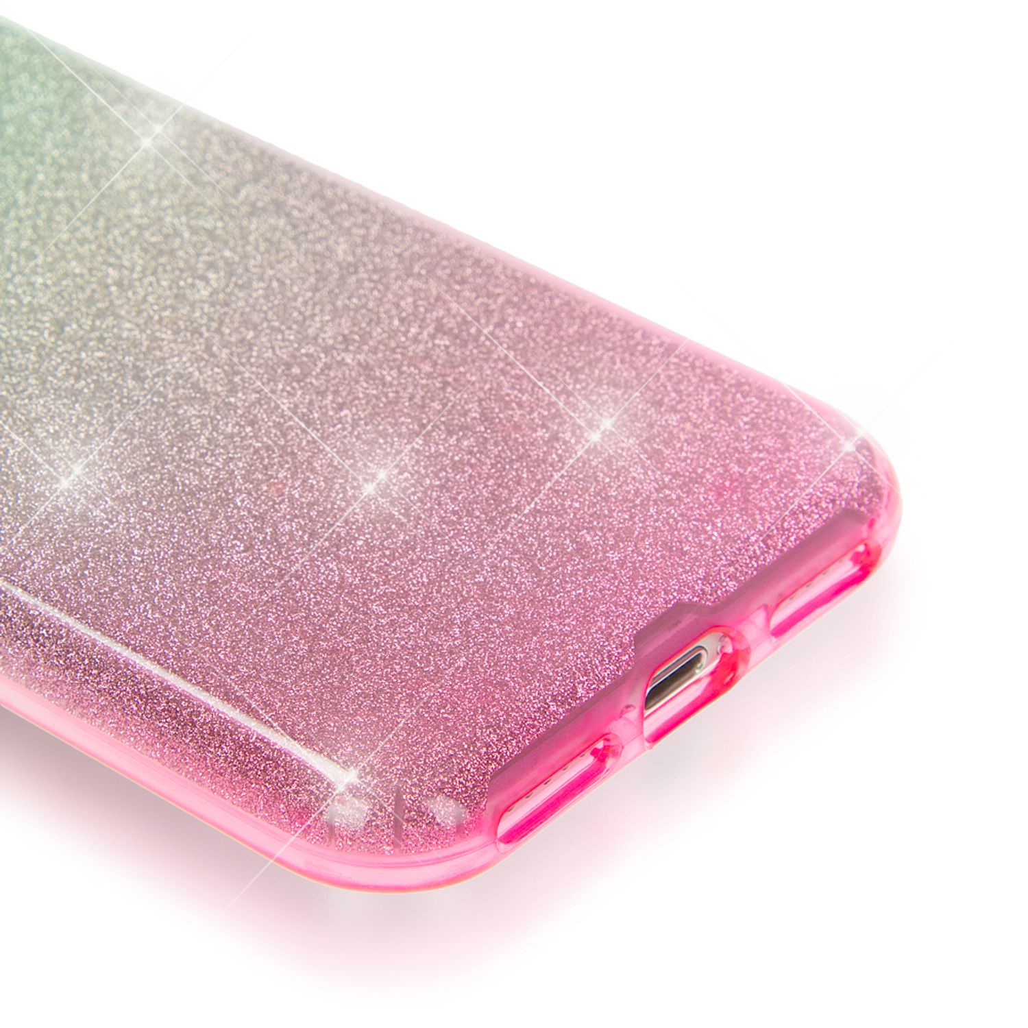 Eine glitzernde Handyhülle mit Farbverlauf von Grün zu Pink, Nahaufnahme