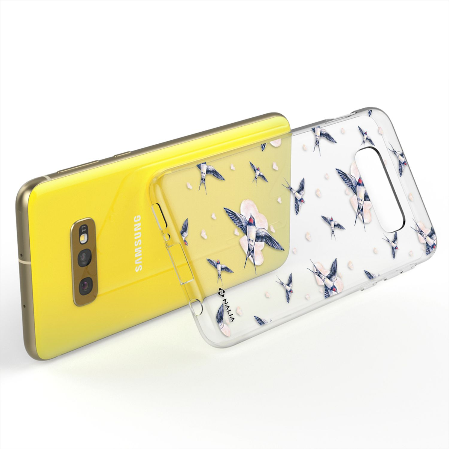Ein gelbes Samsung-Handy mit einer durchsichtigen Hülle mit Schwalbenmotiv.