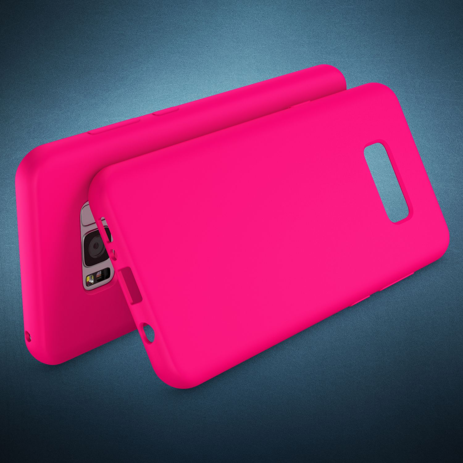 Zwei schicke, leuchtend pinke Handyhüllen liegen nebeneinander auf einem blauen Untergrund.
