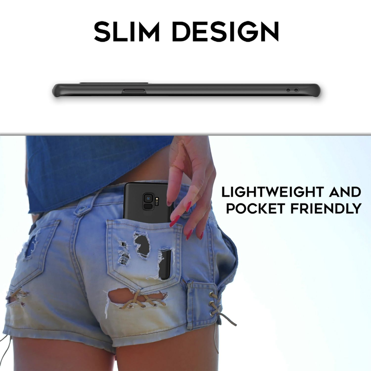 Schlankes Smartphone in einer Jeans-Tasche, das schlank und taschenfreundlich ist.