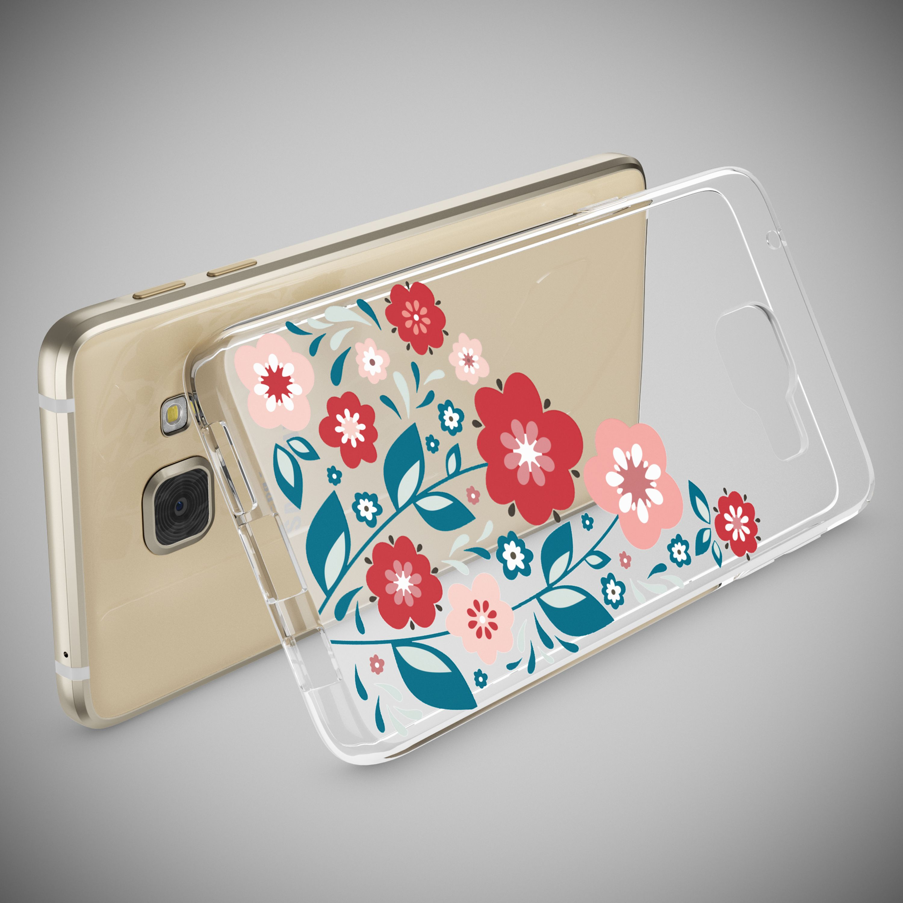 Ein goldener Handy-Rücken mit einer transparenten Hülle mit Blumenmuster.
