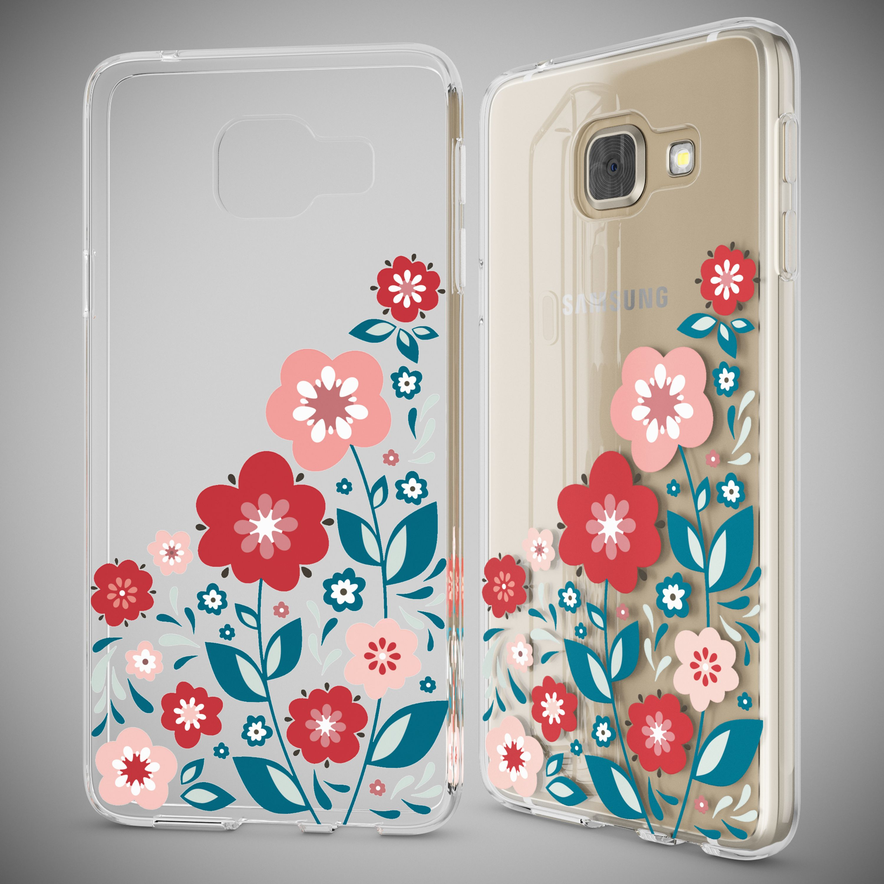 Zwei transparente Handyhüllen mit bunten Blumenmotiven, eine mit Handy.