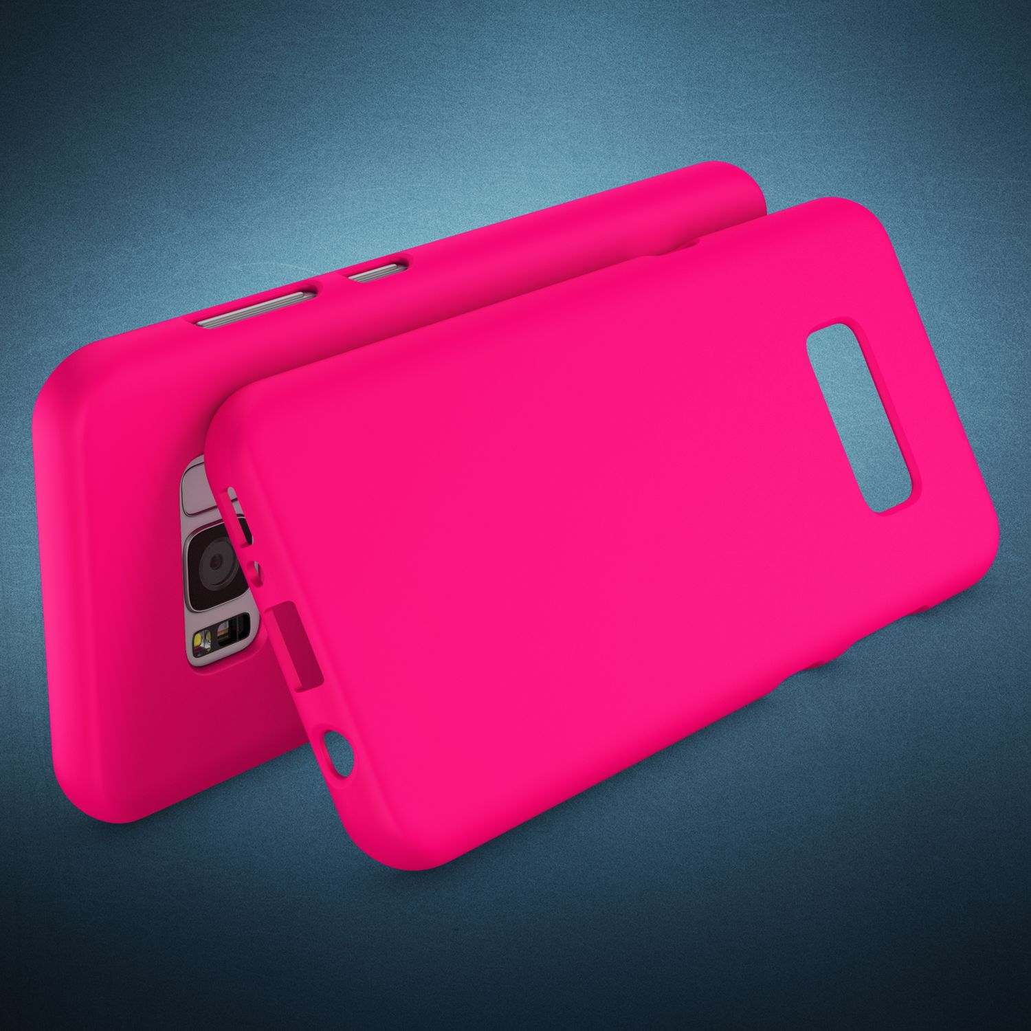 Zwei leuchtend pinke Handyhüllen werden auf einem dunkelblauen, texturierten Hintergrund gezeigt.