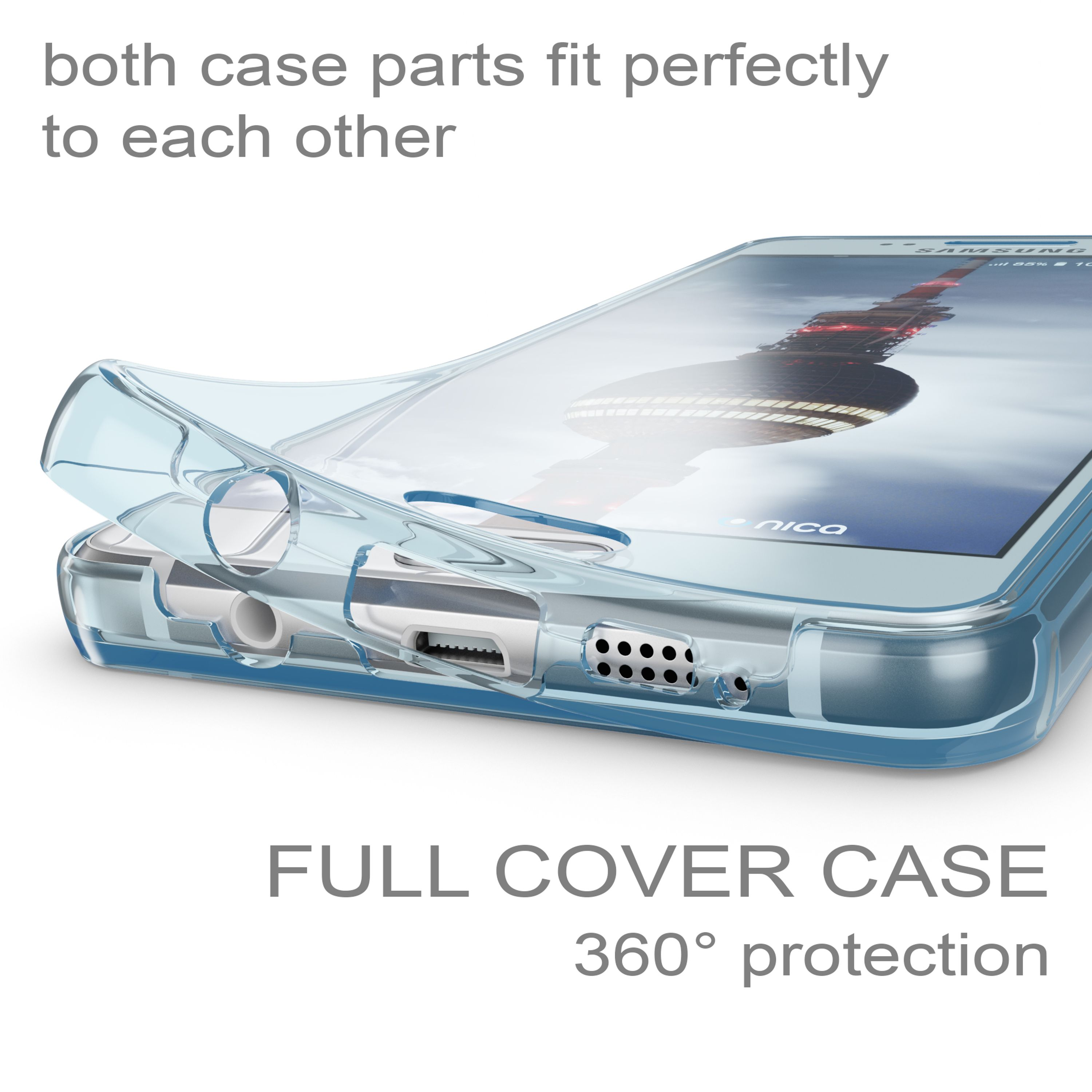Transparente Handyhülle über einem Smartphone mit Turmabbildung. Volle Abdeckung.