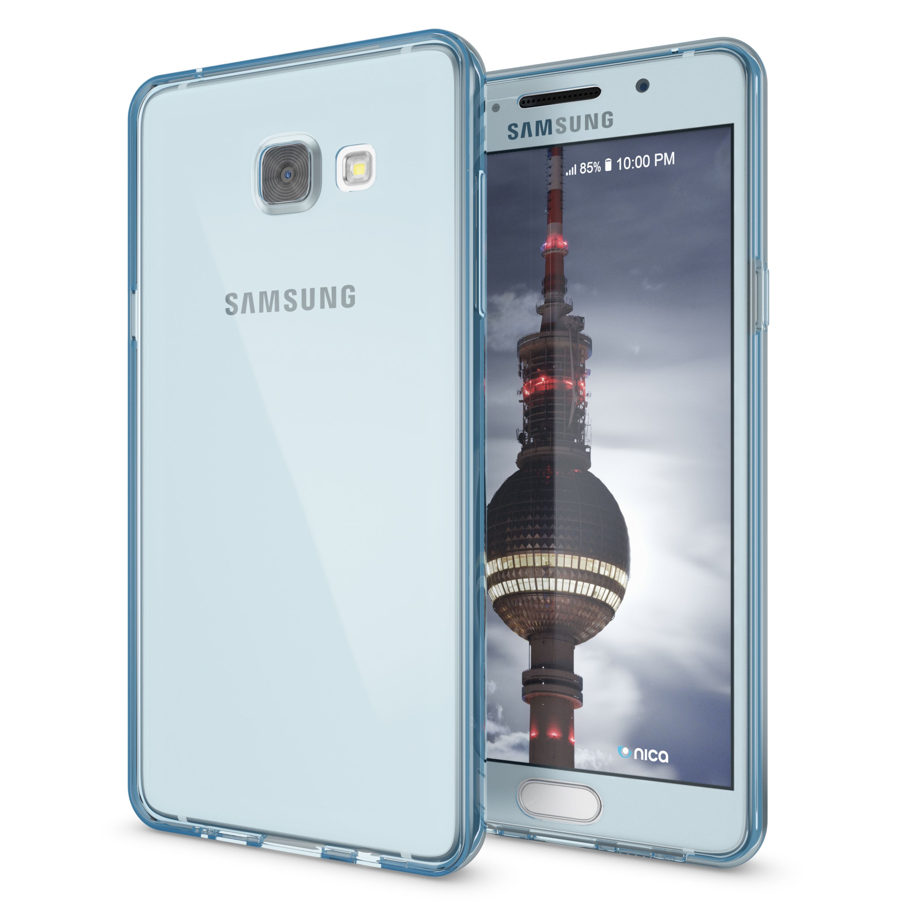 Zwei Samsung Handys in durchsichtiger Hülle, eins mit Fernsehturm-Bildschirm.