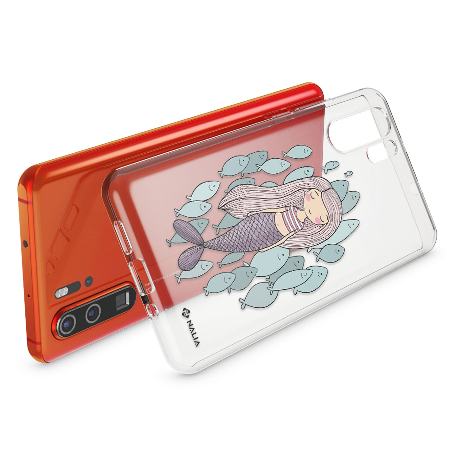 Una cover trasparente per telefono con un disegno di sirena e pesci su un telefono arancione.