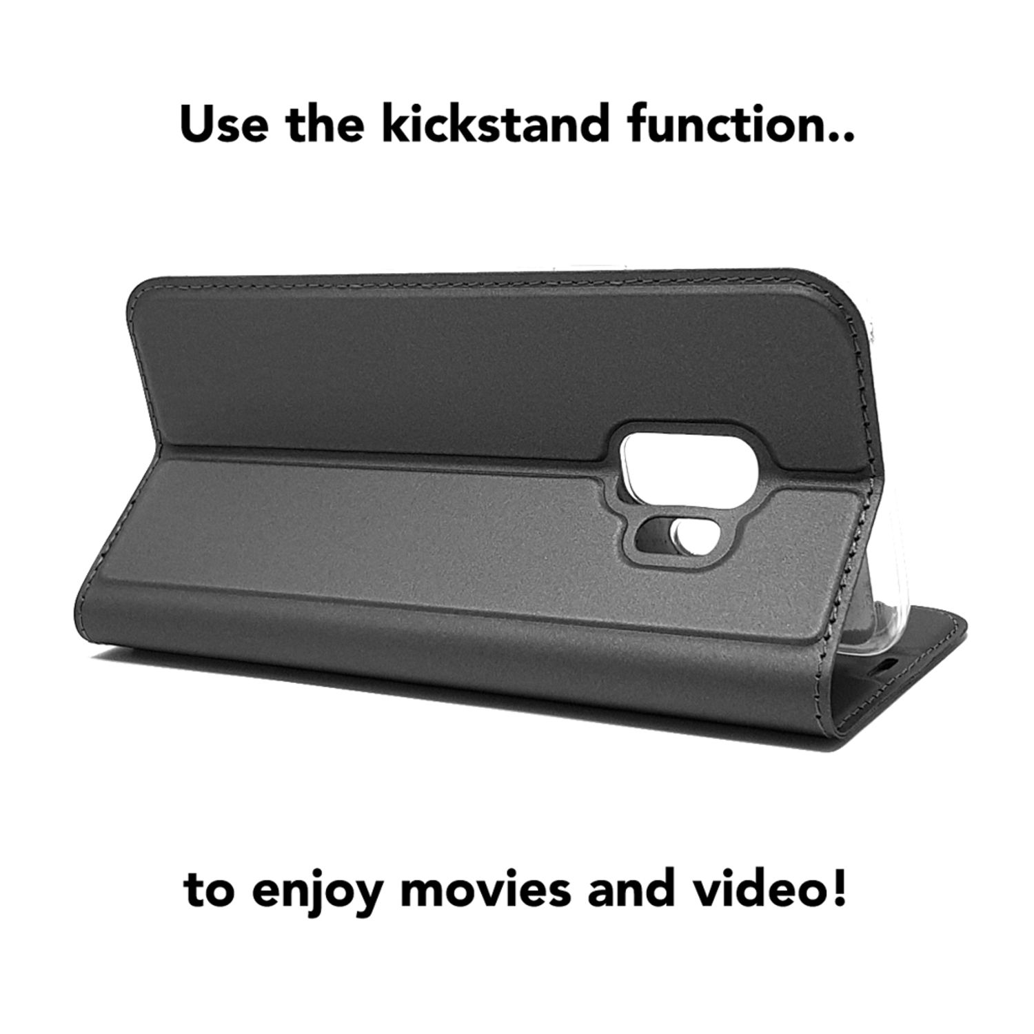 Ein schwarzes Handy-Flipcase steht geöffnet und zeigt die Standfunktion.