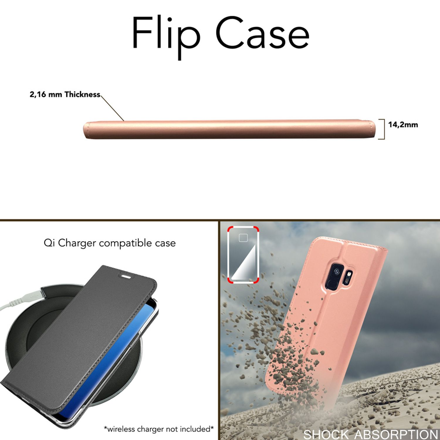 Flip Case mit Maßen und Ladefunktion. Stoßfestigkeit gezeigt.