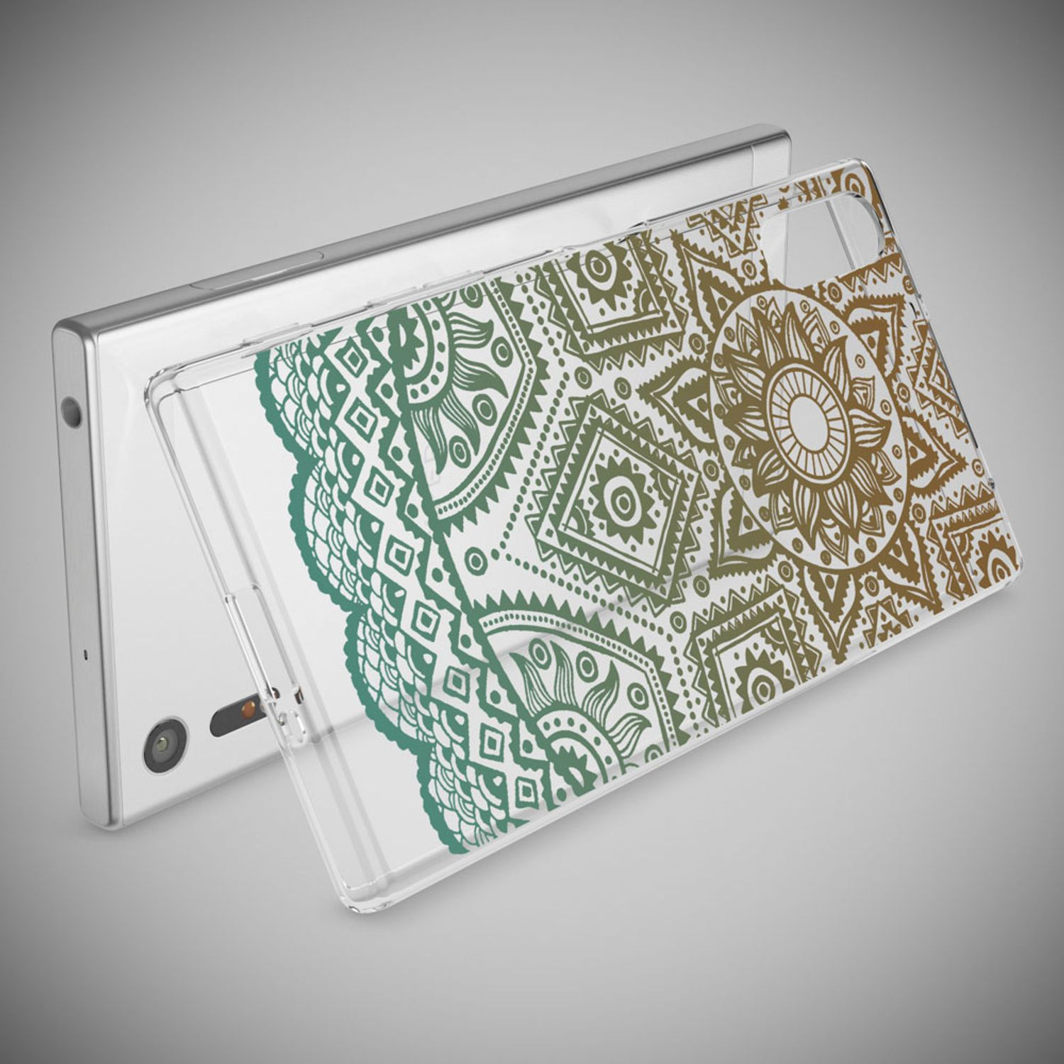 Ein Smartphone mit einer durchsichtigen Hülle mit einem grünen und braunen Mandala-Muster.