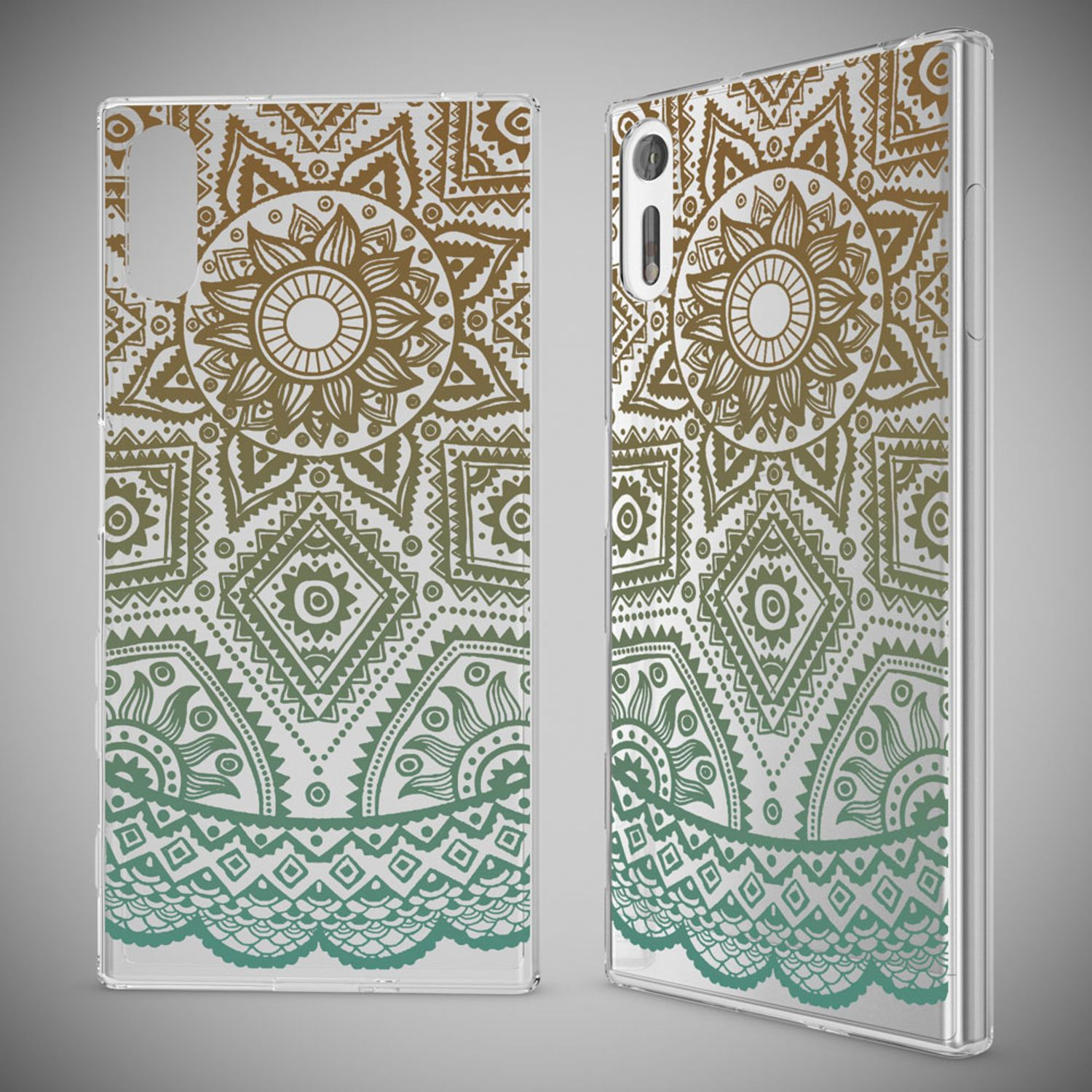 Transparente Handyhülle mit braun-grünem Mandala-Muster.