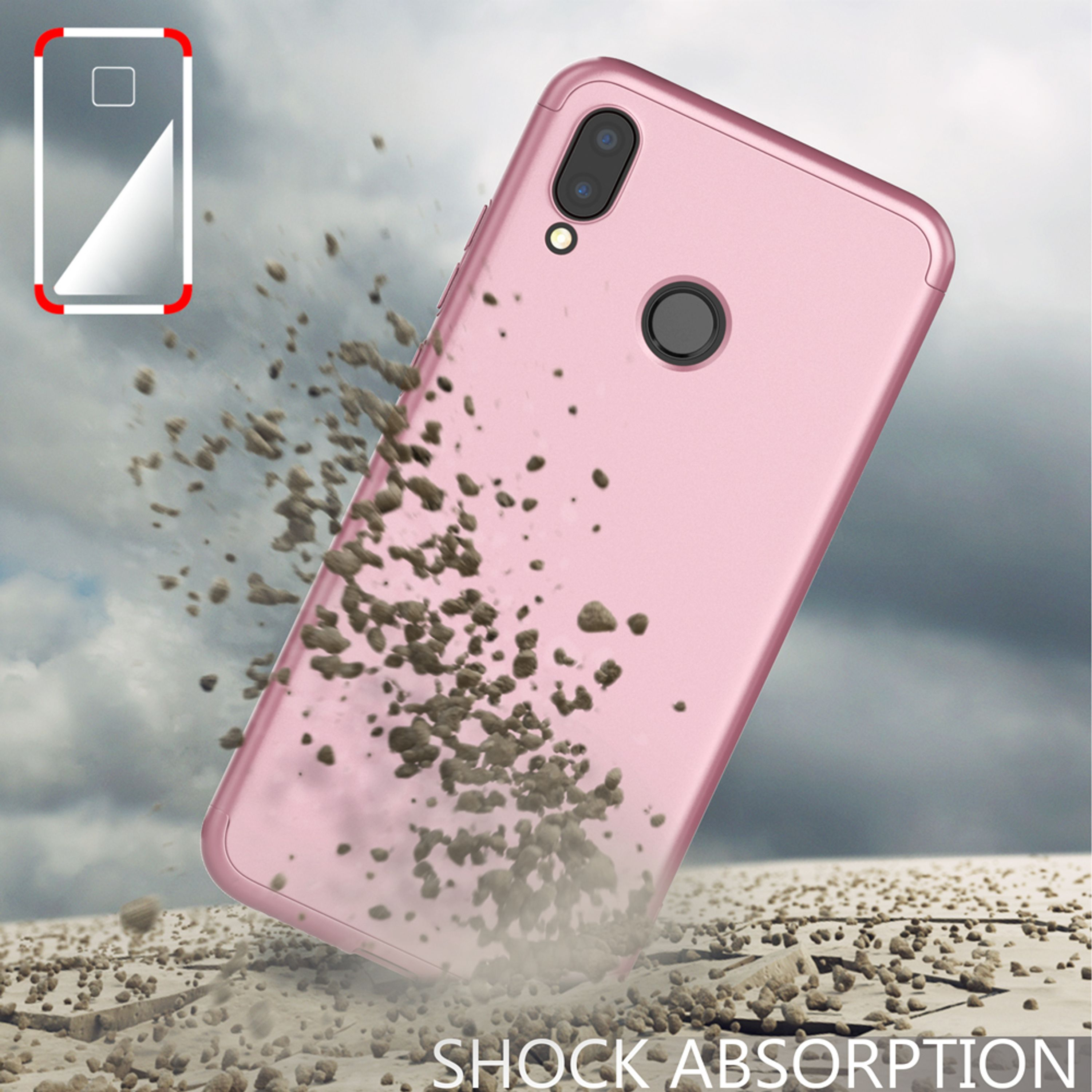 Ein rosafarbenes Handy fällt, Steine fliegen durch die Luft.