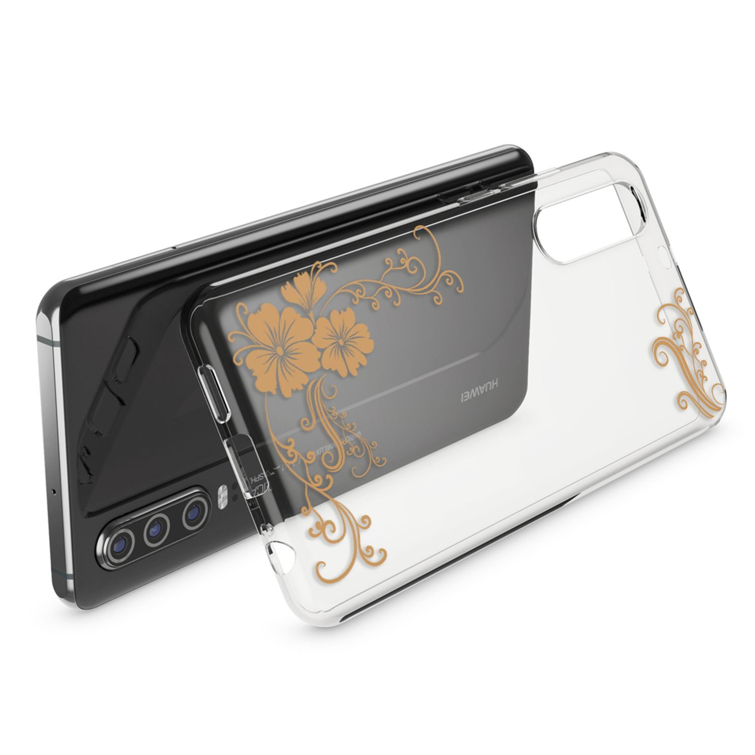 Ein schwarzes Huawei-Telefon mit einer transparenten Hülle mit goldenen Blumenmotiven.