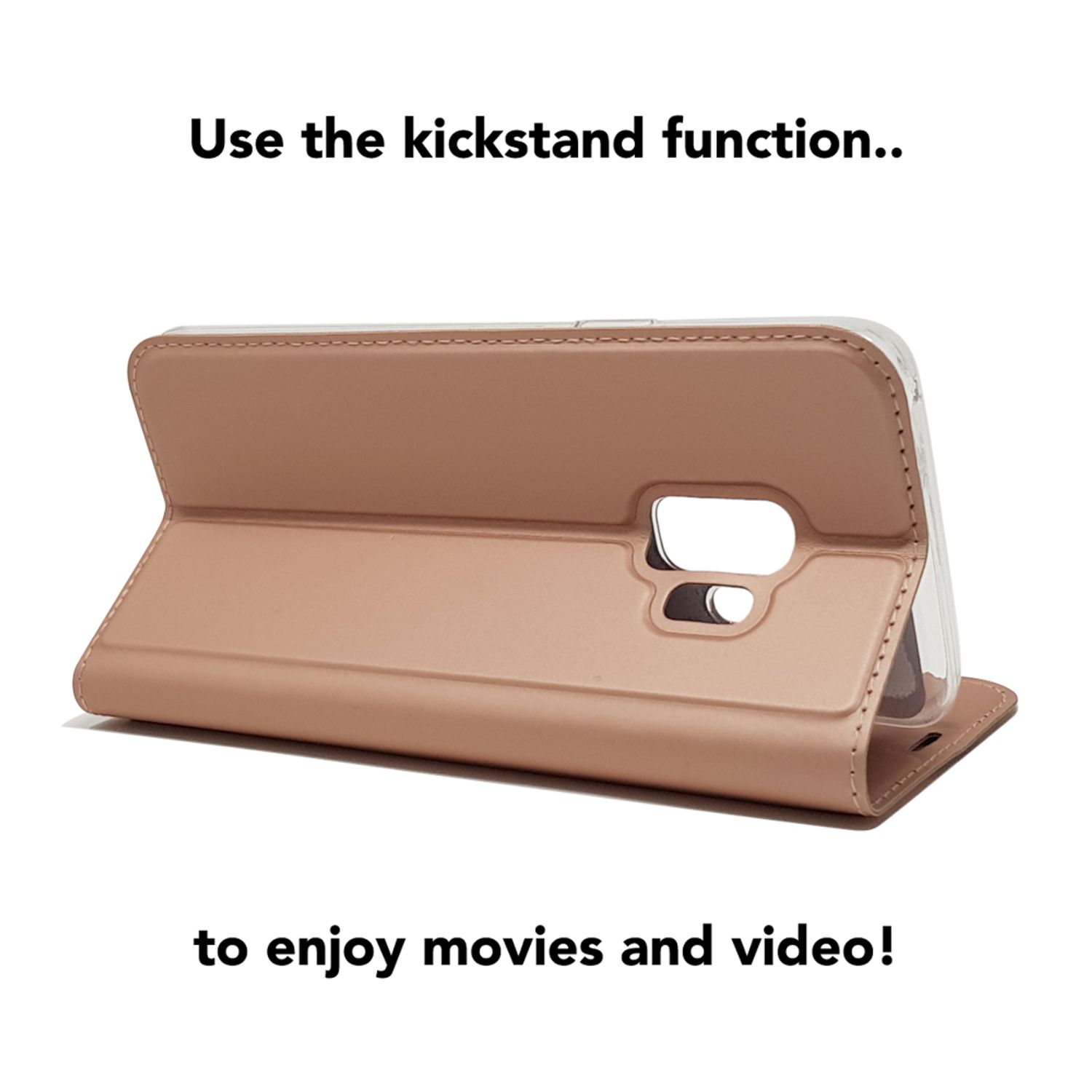 Ein roségoldenes Handy-Flipcase im Ständer-Modus vor weißem Hintergrund.