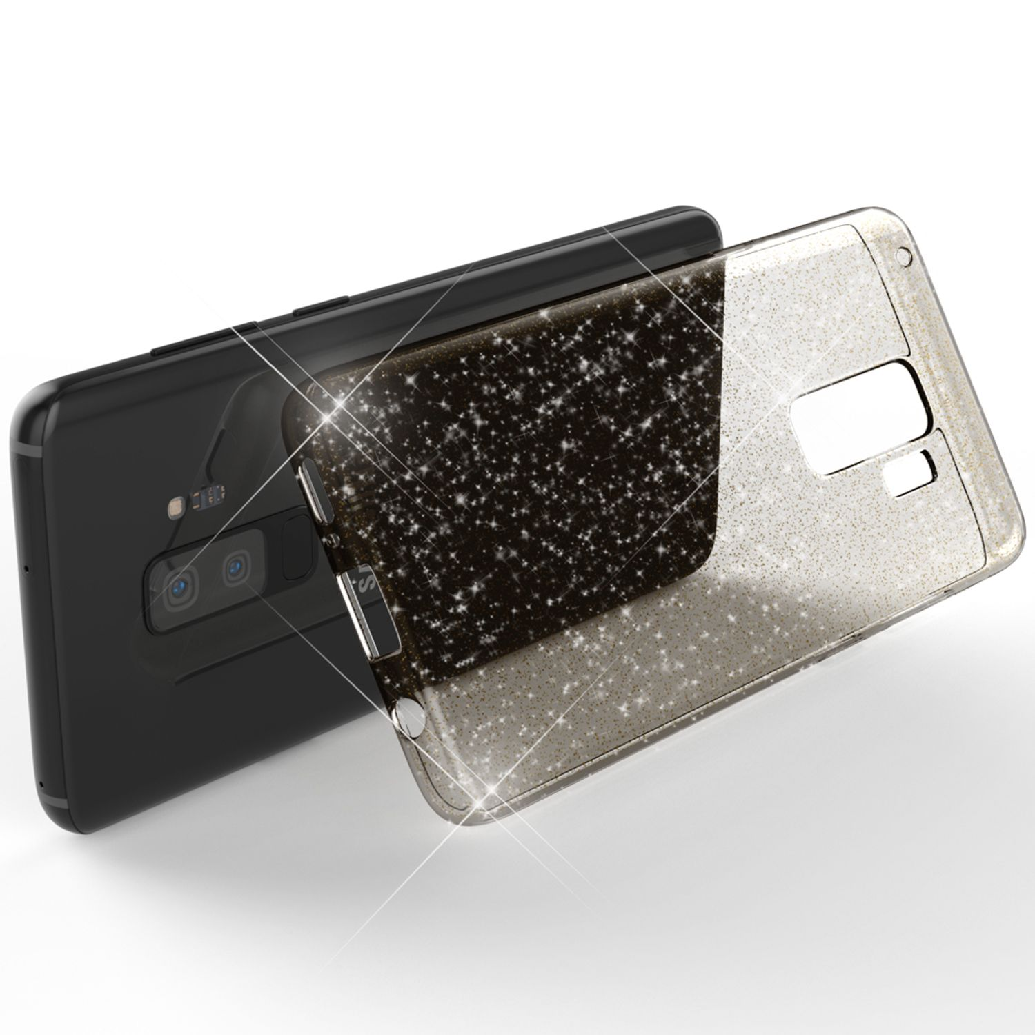 Ein schwarzes Smartphone mit einer glitzernden Hülle in Gold und Schwarz.