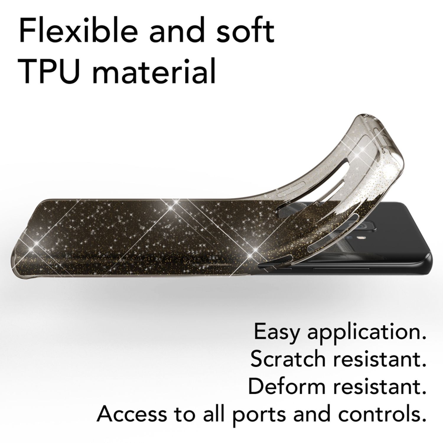 Flexibles TPU-Material mit Glitzer auf schwarzem Handy.