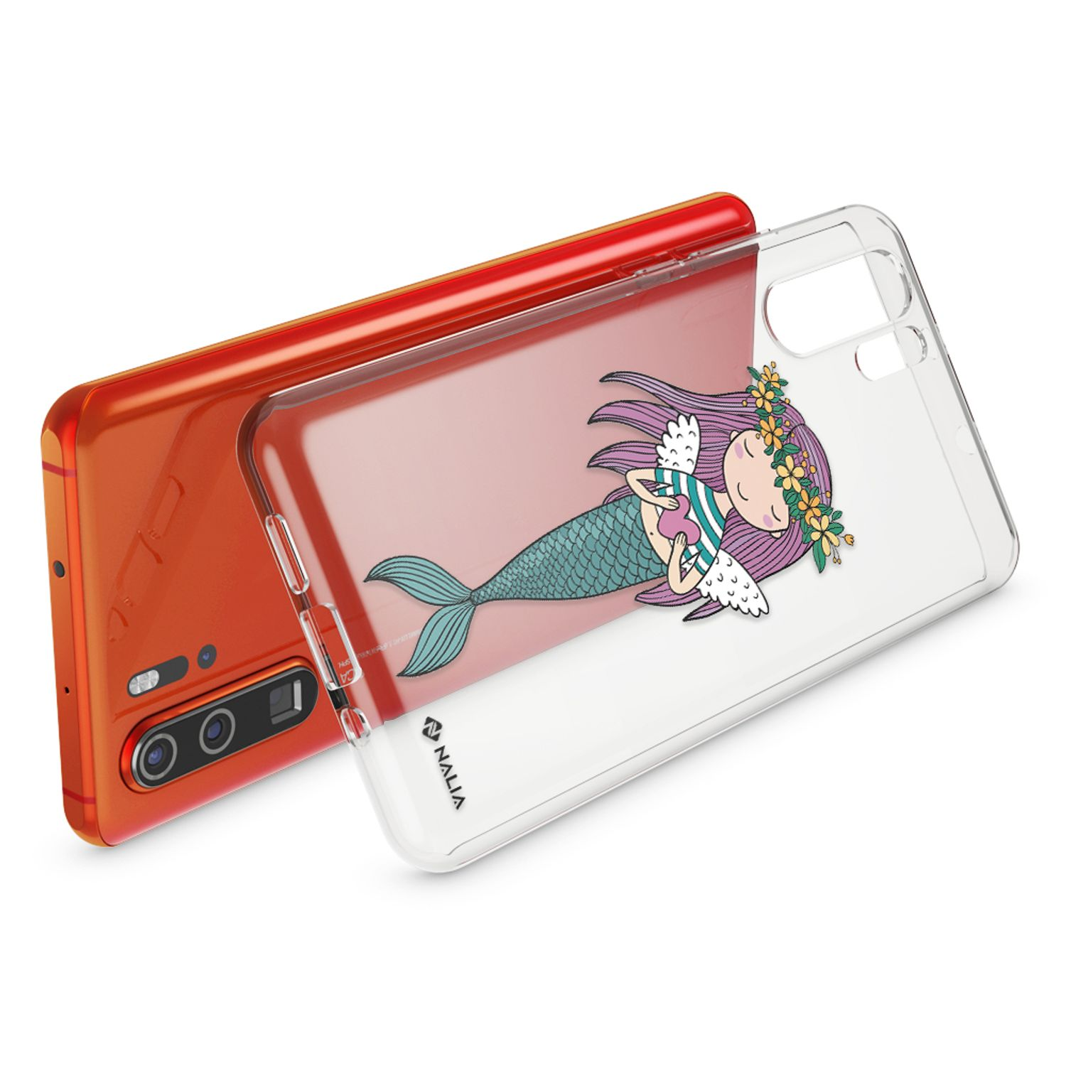 Smartphone arancione con cover trasparente con stampa sirena.