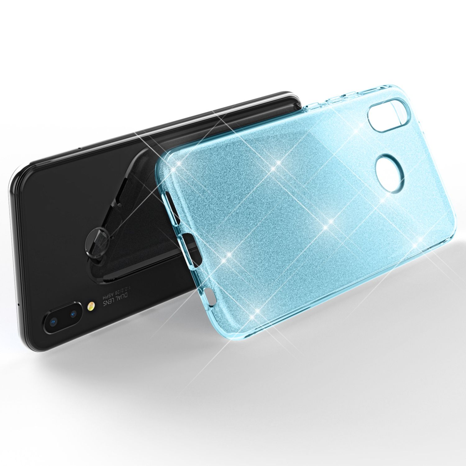 Ein blaues Handycover liegt neben einem schwarzen Smartphone.