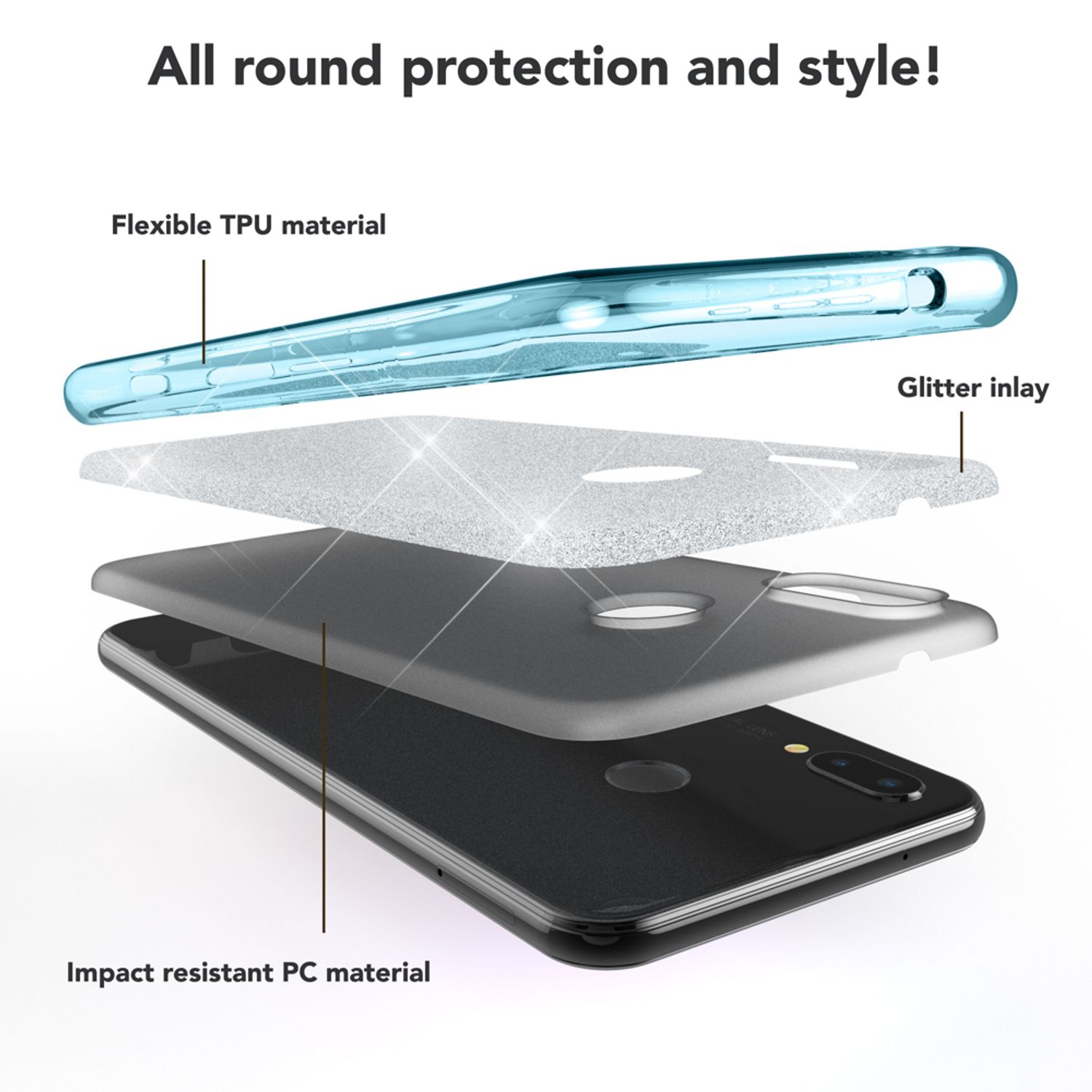 Schichtaufbau einer Handyhülle: TPU, Glitzer und PC-Material auf einem Smartphone.