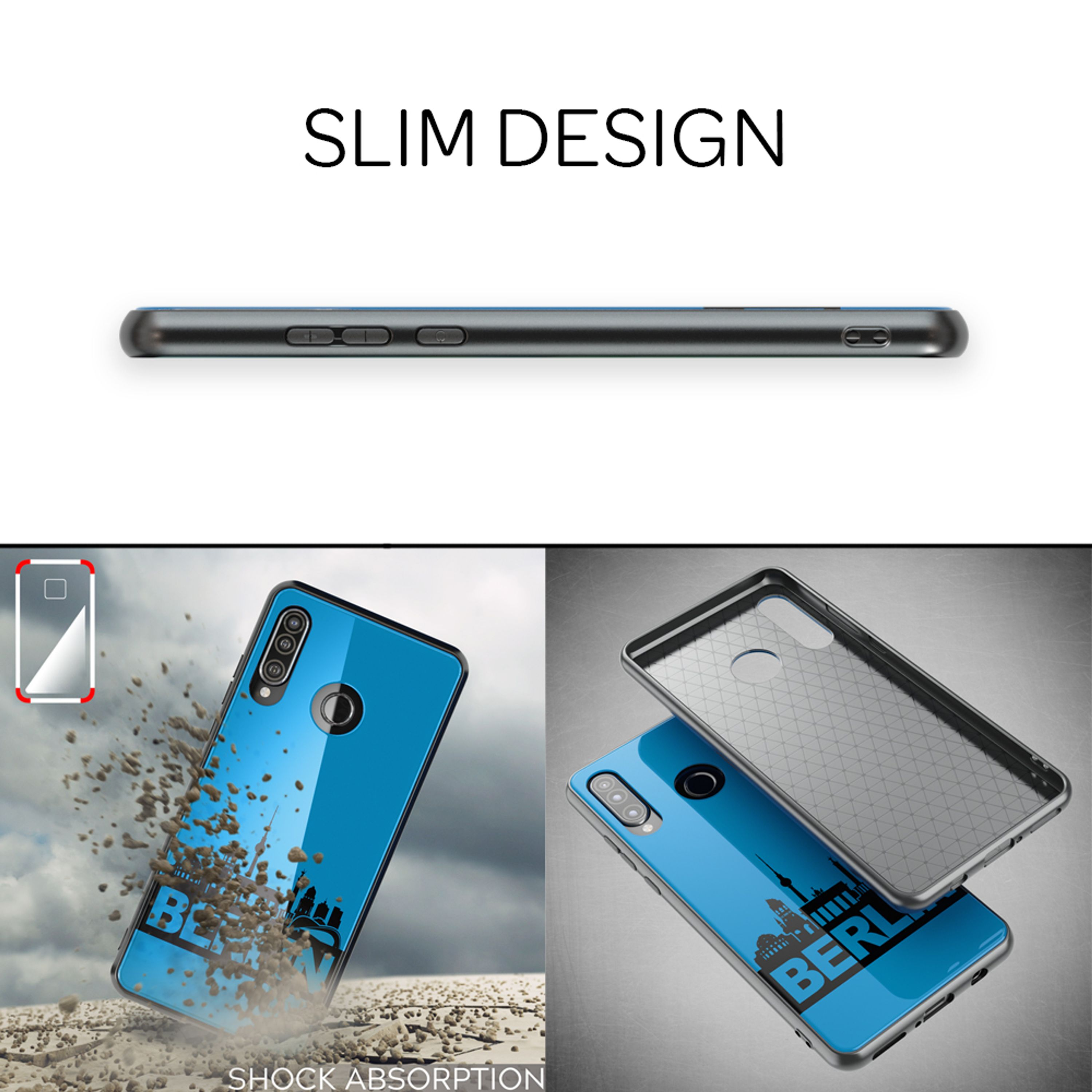 Ein blaues Handy mit Berliner Skyline fällt und zerbricht.