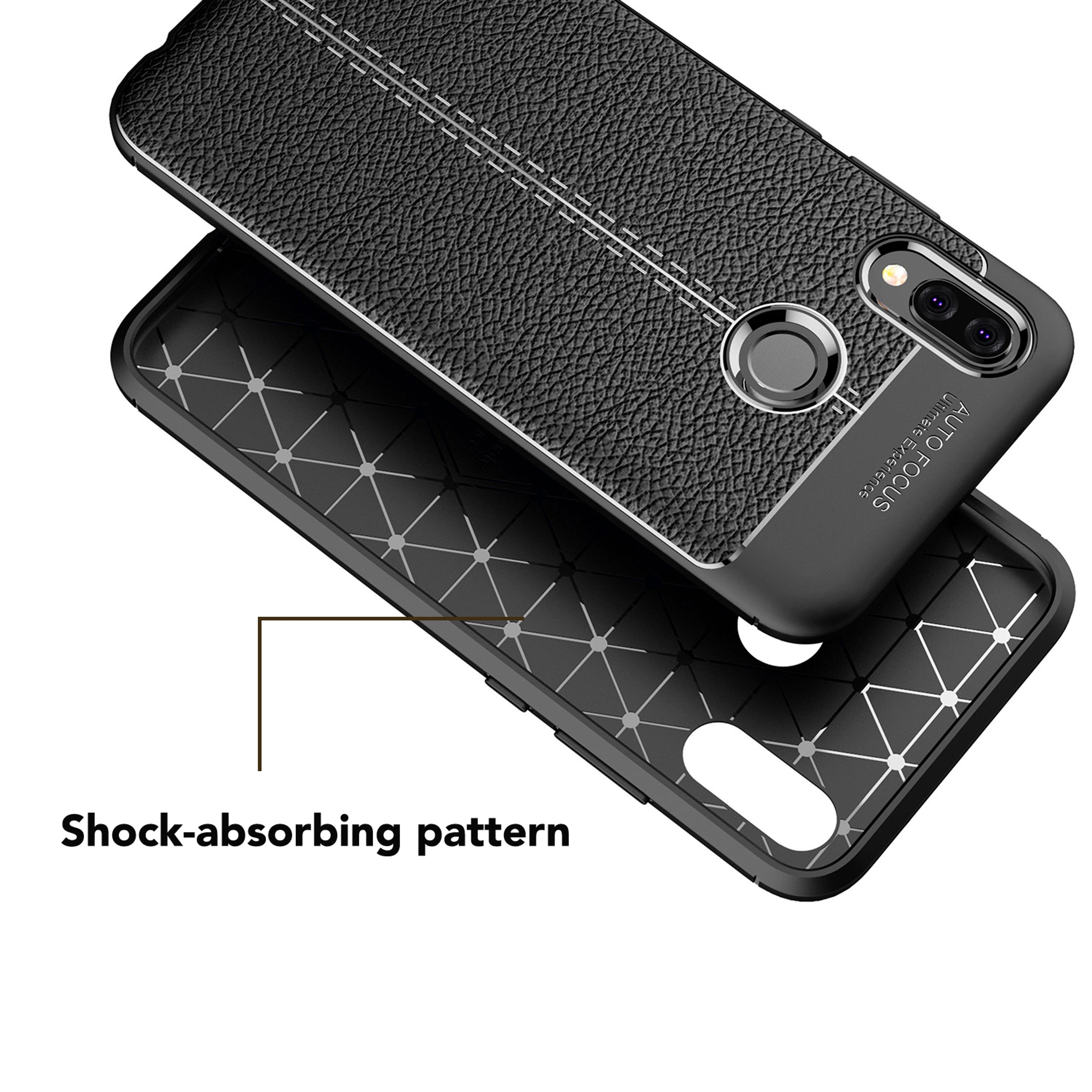 Schwarze Handyhülle mit Lederstruktur, Nähten und einem geometrischen Muster.