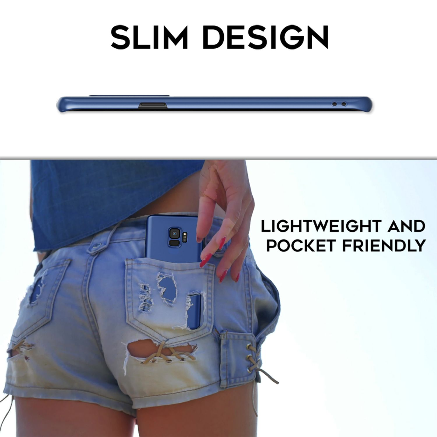 Ein schlankes blaues Smartphone steckt in der Tasche einer Frau in zerrissenen Jeansshorts.