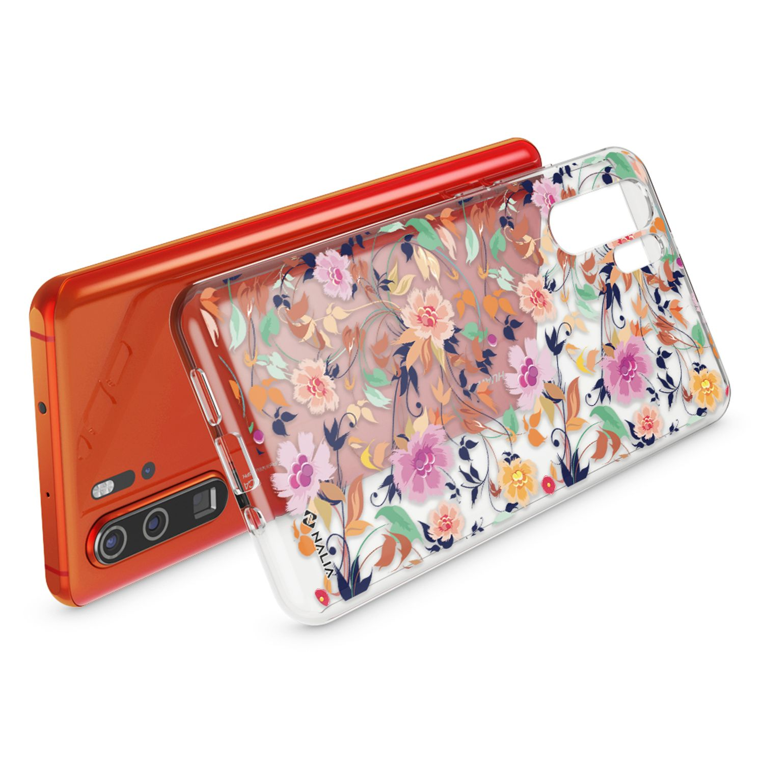Telefono arancione con custodia floreale trasparente. Fiori rosa, gialli e blu sulla custodia.