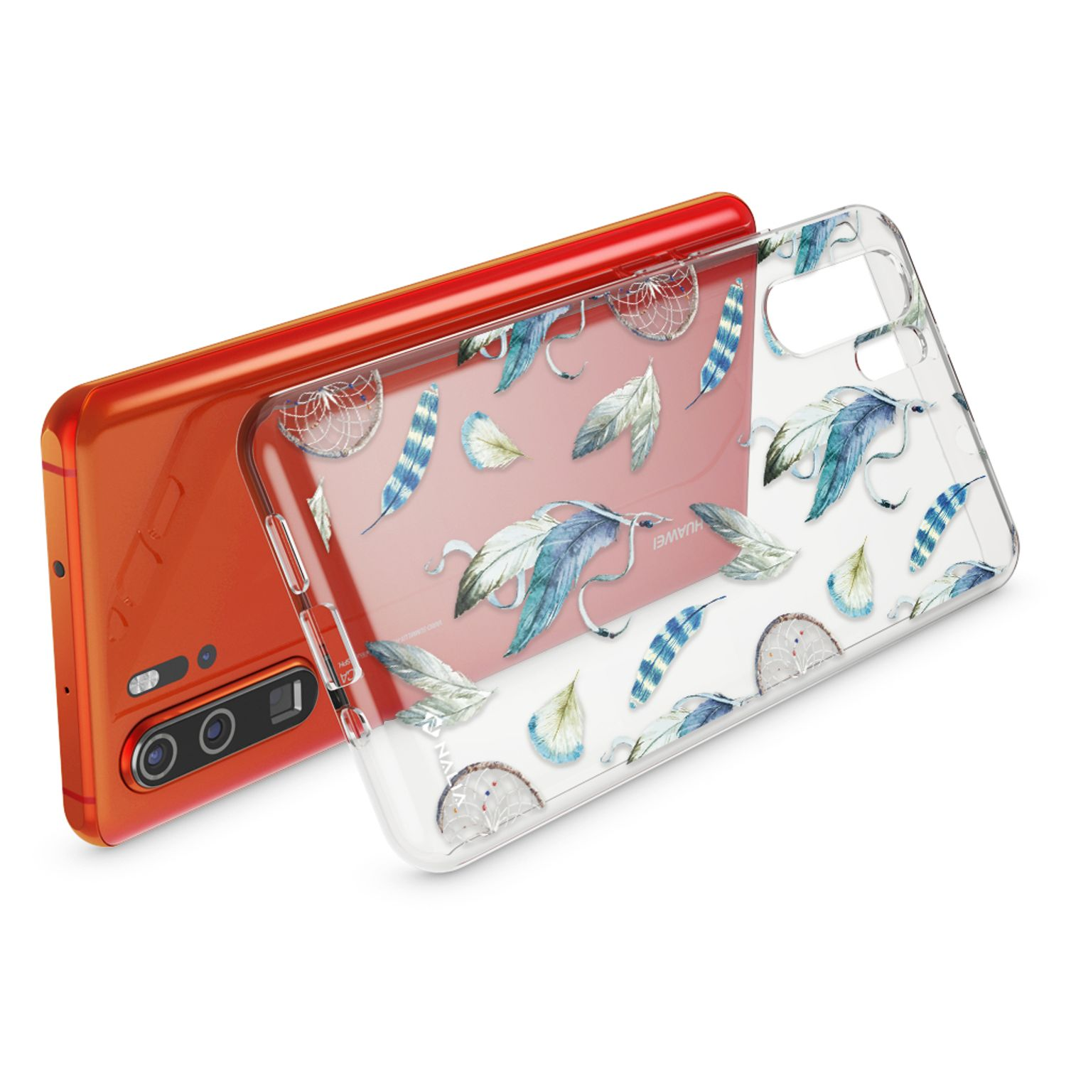 Orangefarbenes Smartphone mit durchsichtiger Hülle mit Federmuster.