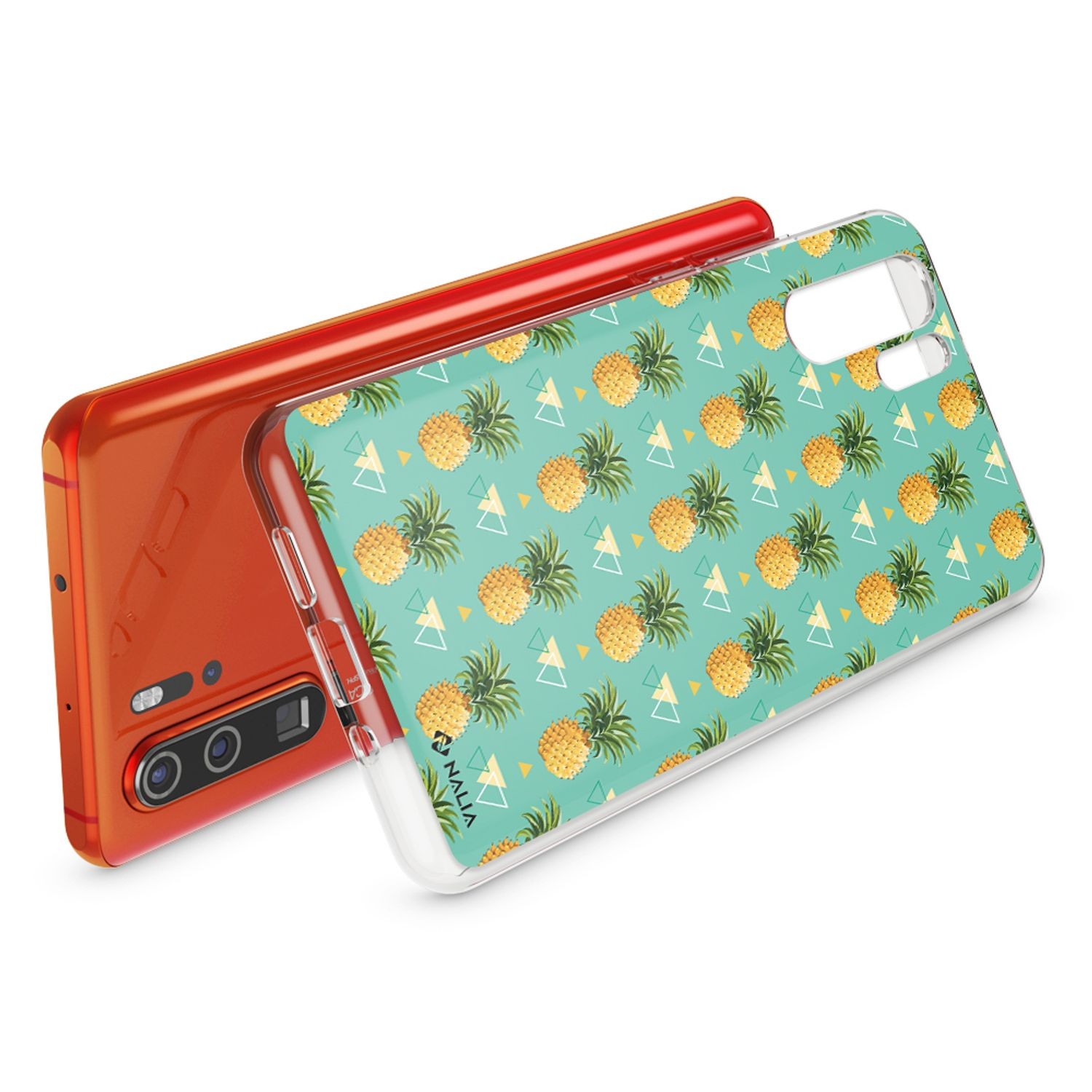 Ein orangefarbenes Smartphone mit einer transparenten Hülle mit Ananasmuster.