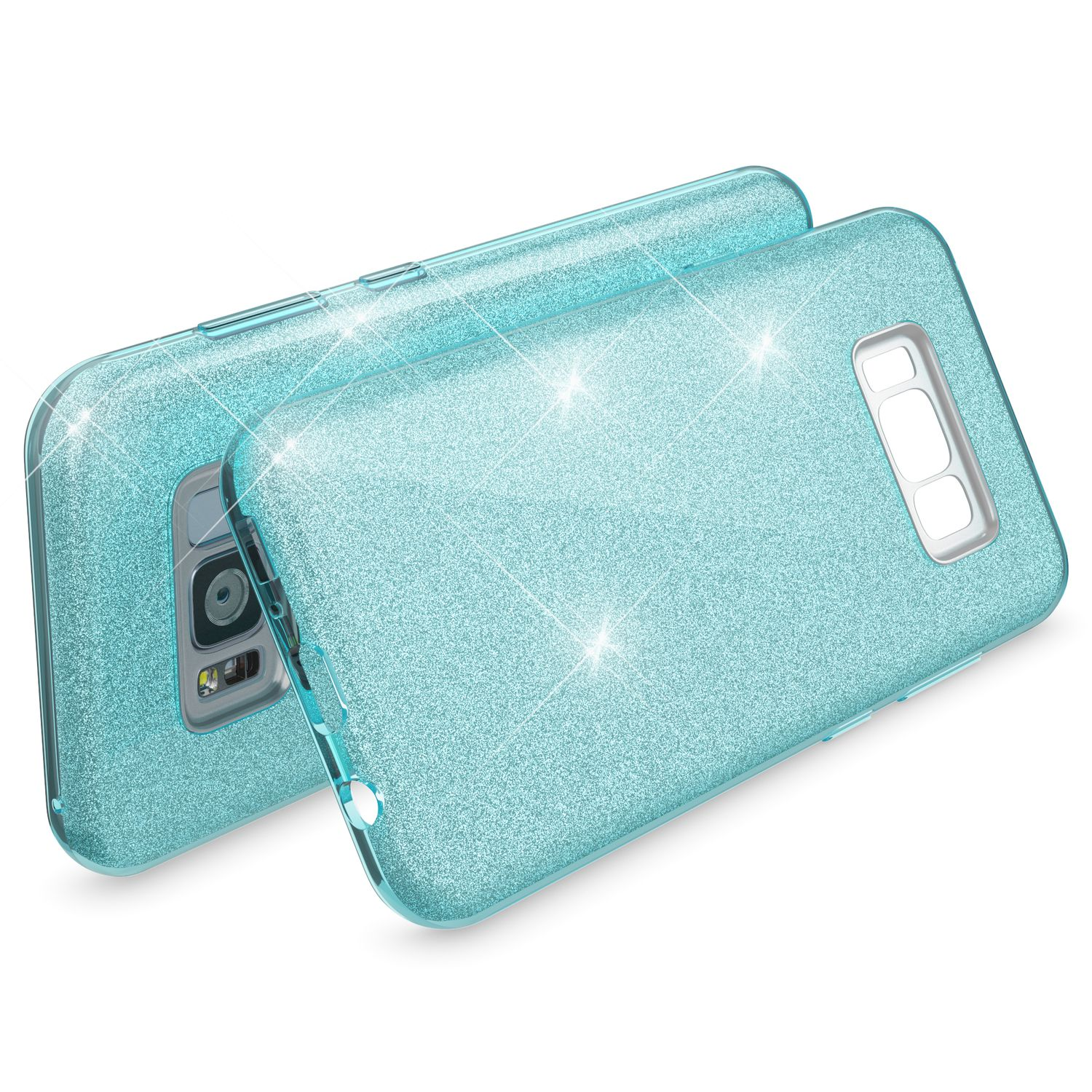 Zwei glitzernde hellblaue Handyhüllen liegen nebeneinander.