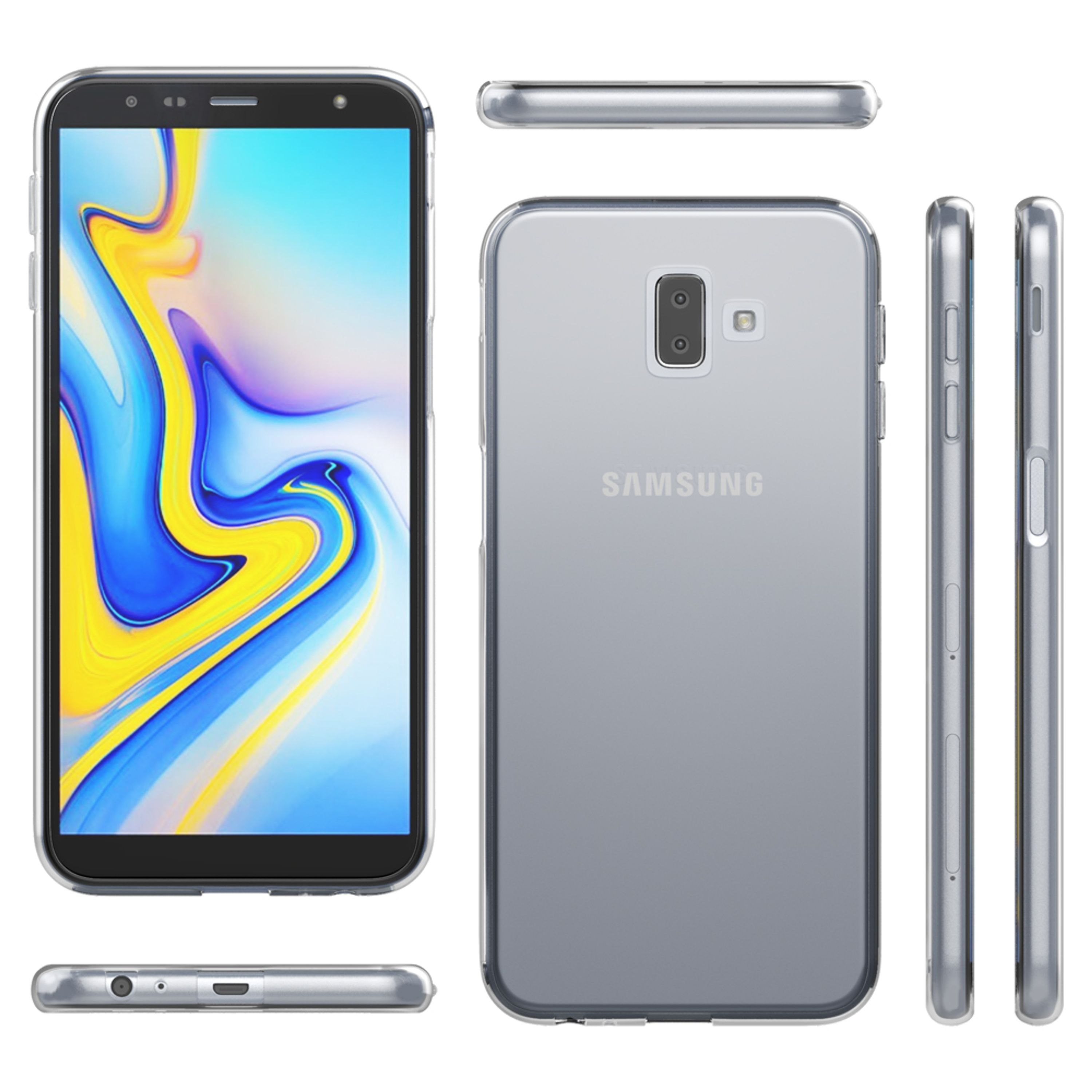 Uno smartphone Samsung argentato mostrato da viste frontale, posteriore, dall'alto e laterale.