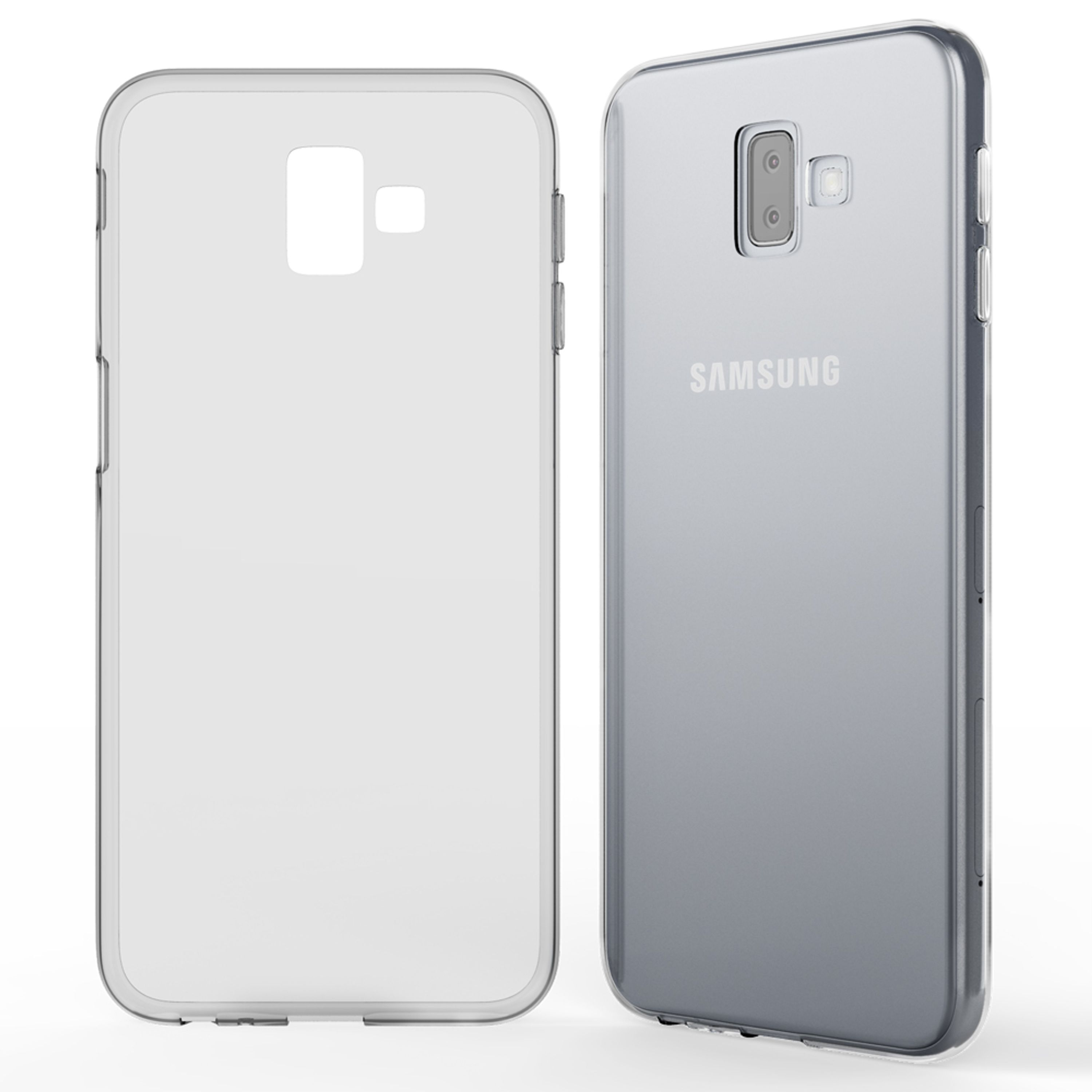 Una custodia trasparente e un telefono Samsung argentato uno accanto all'altro.