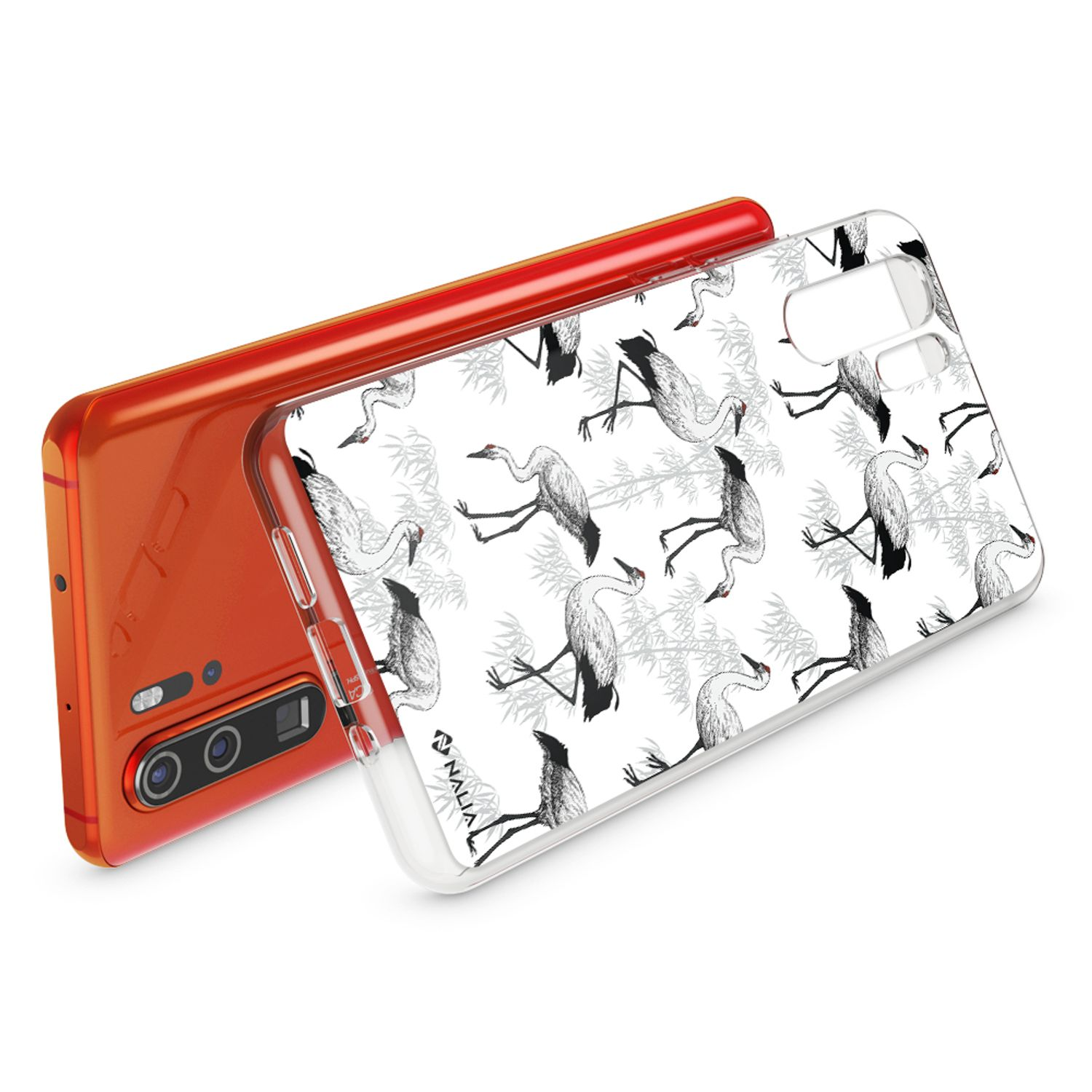 Orangenes Smartphone mit einer transparenten Hülle mit Kranich- und Bambusmuster.