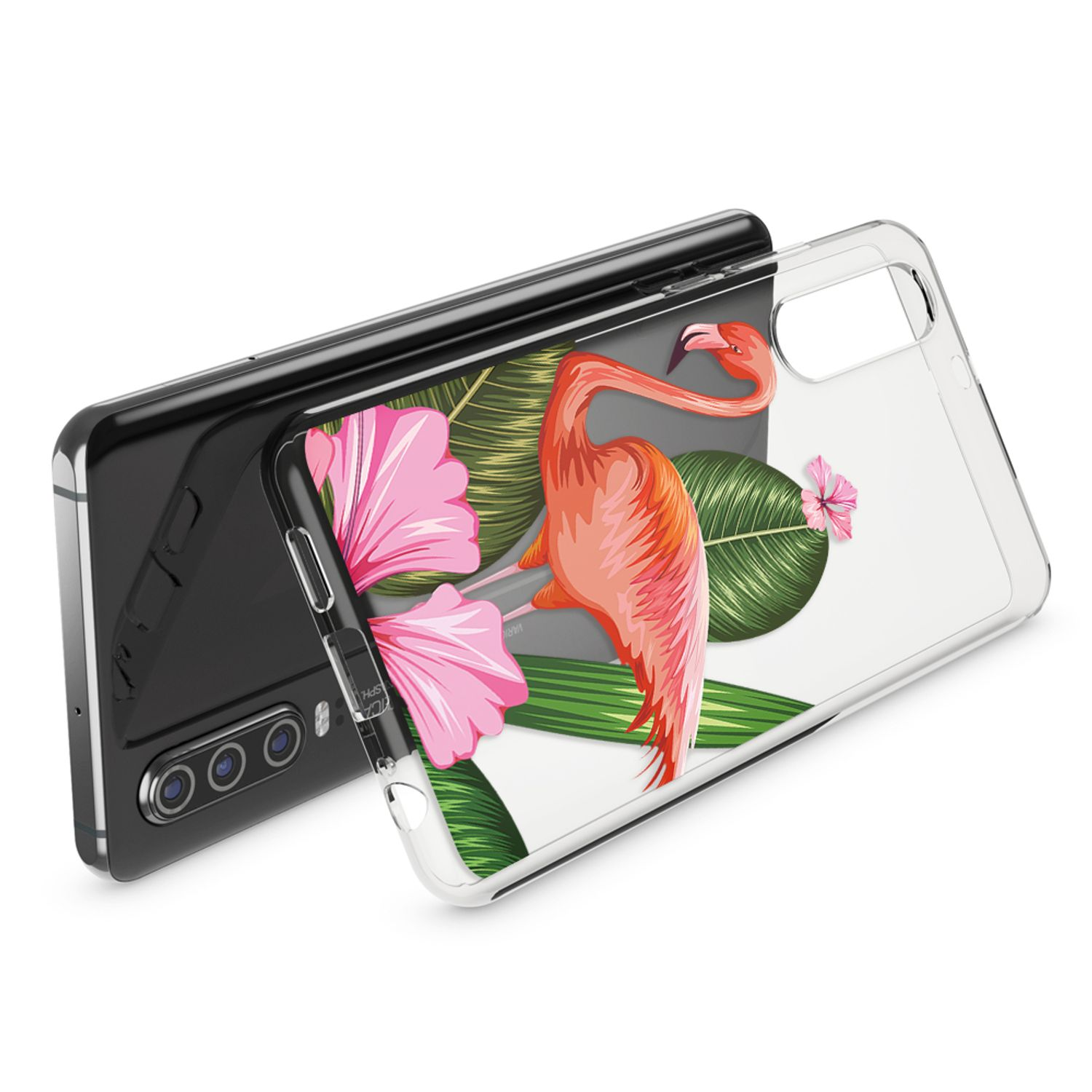 Ein Smartphone mit einer transparenten Hülle mit Flamingos und tropischen Blättern.