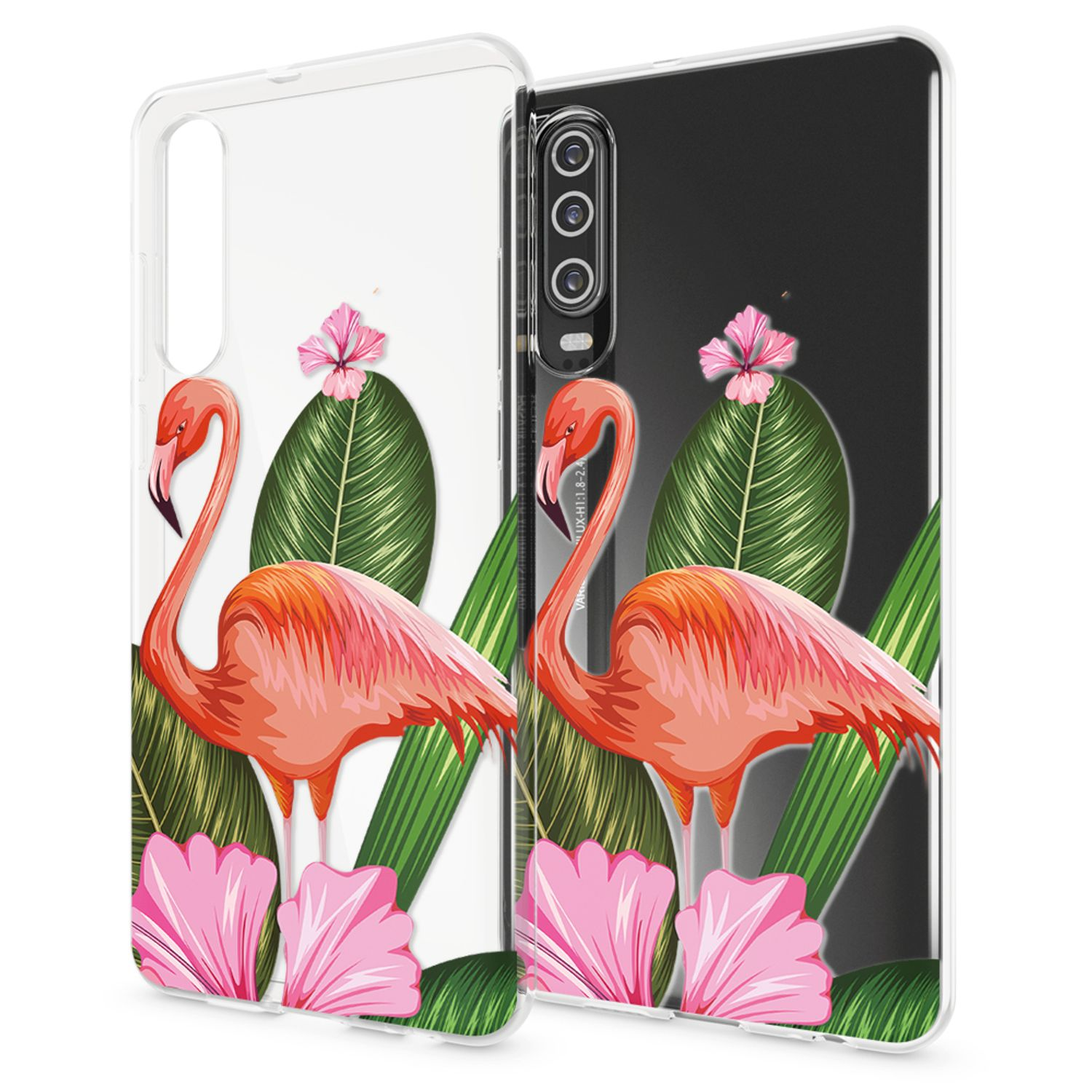 Zwei durchsichtige Handyhüllen mit Flamingos und tropischen Blättern.