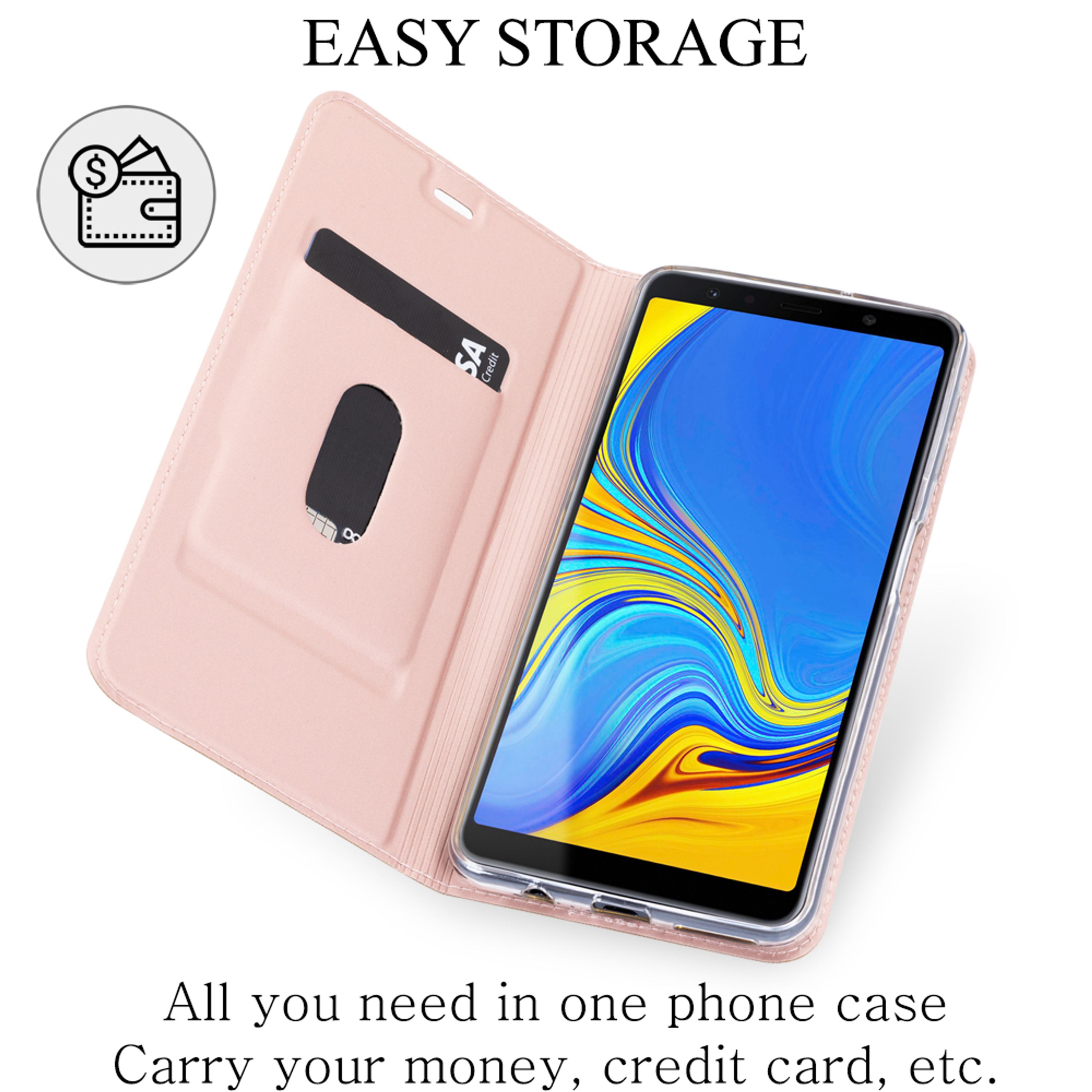 Ein rosa Handyhülle mit Kartenschlitz und einem Telefon mit buntem Bildschirm.
