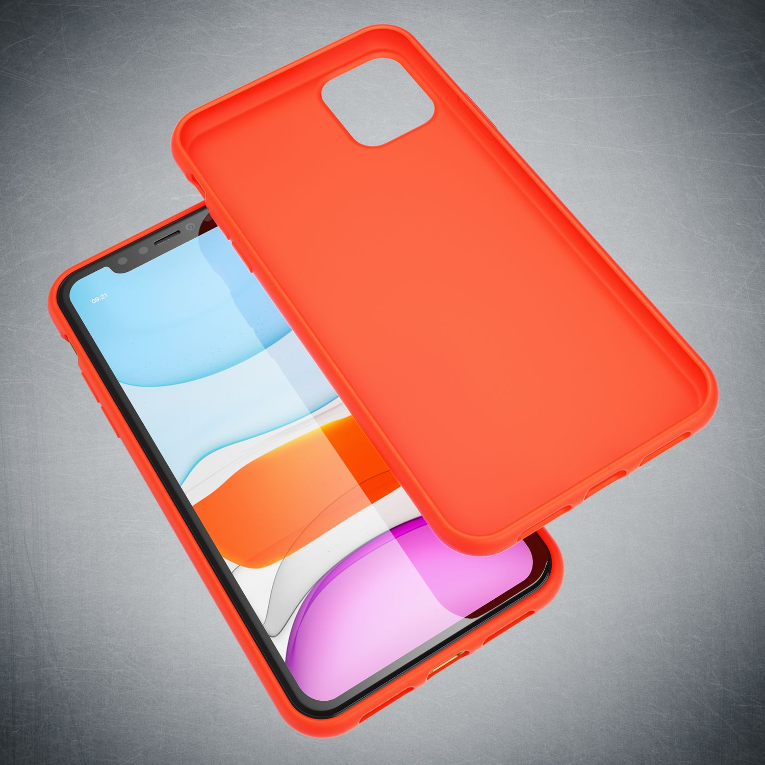 Ein oranges Handycover liegt neben einem Smartphone, dessen Bildschirm eingeschaltet ist.