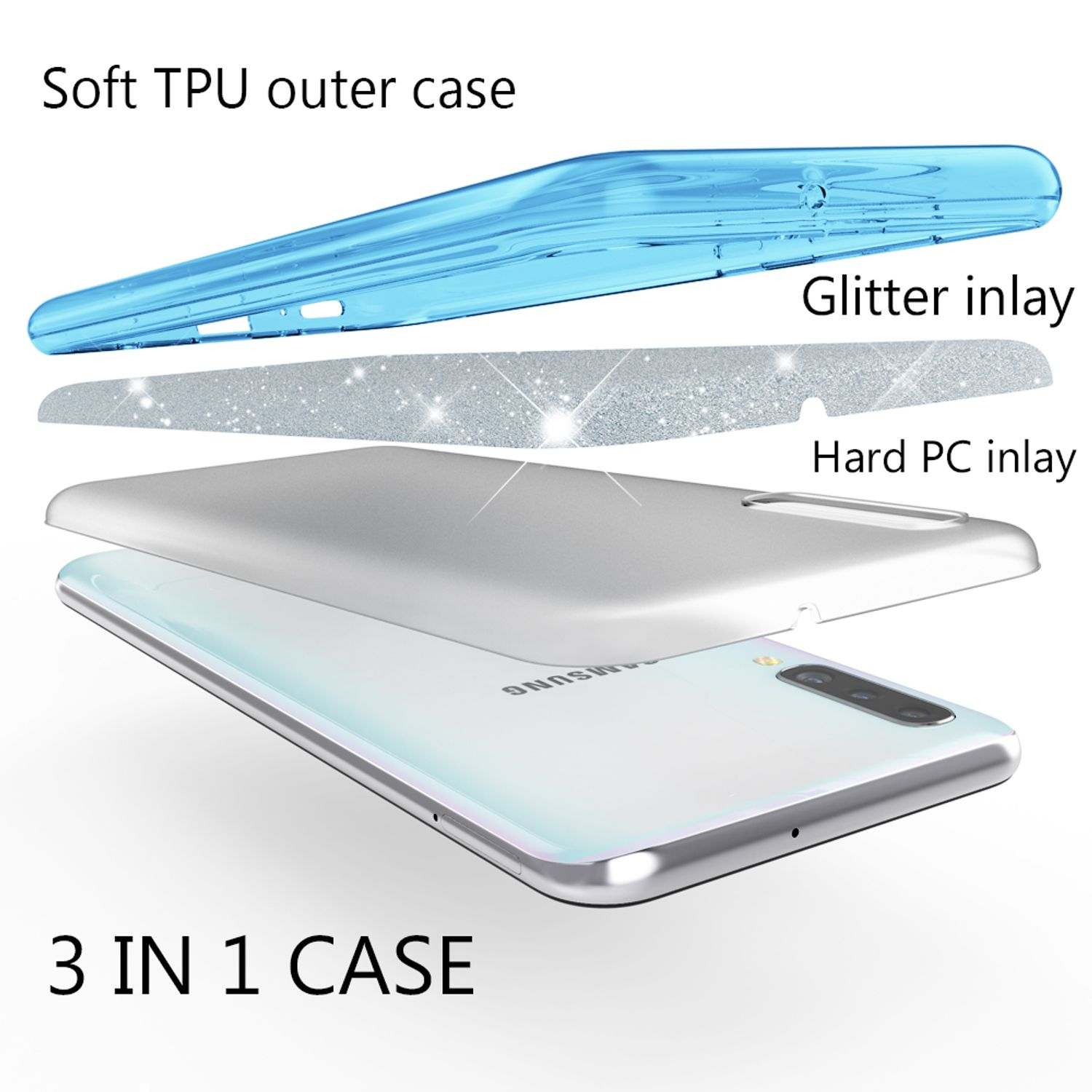 Vista esplosa di una cover per telefono 3 in 1: TPU blu, glitter e strato PC bianco.