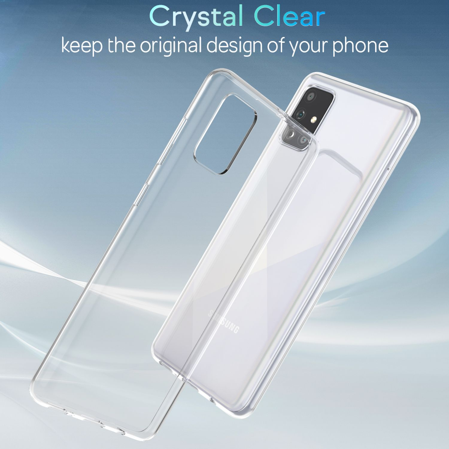 Una funda transparente para teléfono yace sobre un smartphone blanco.