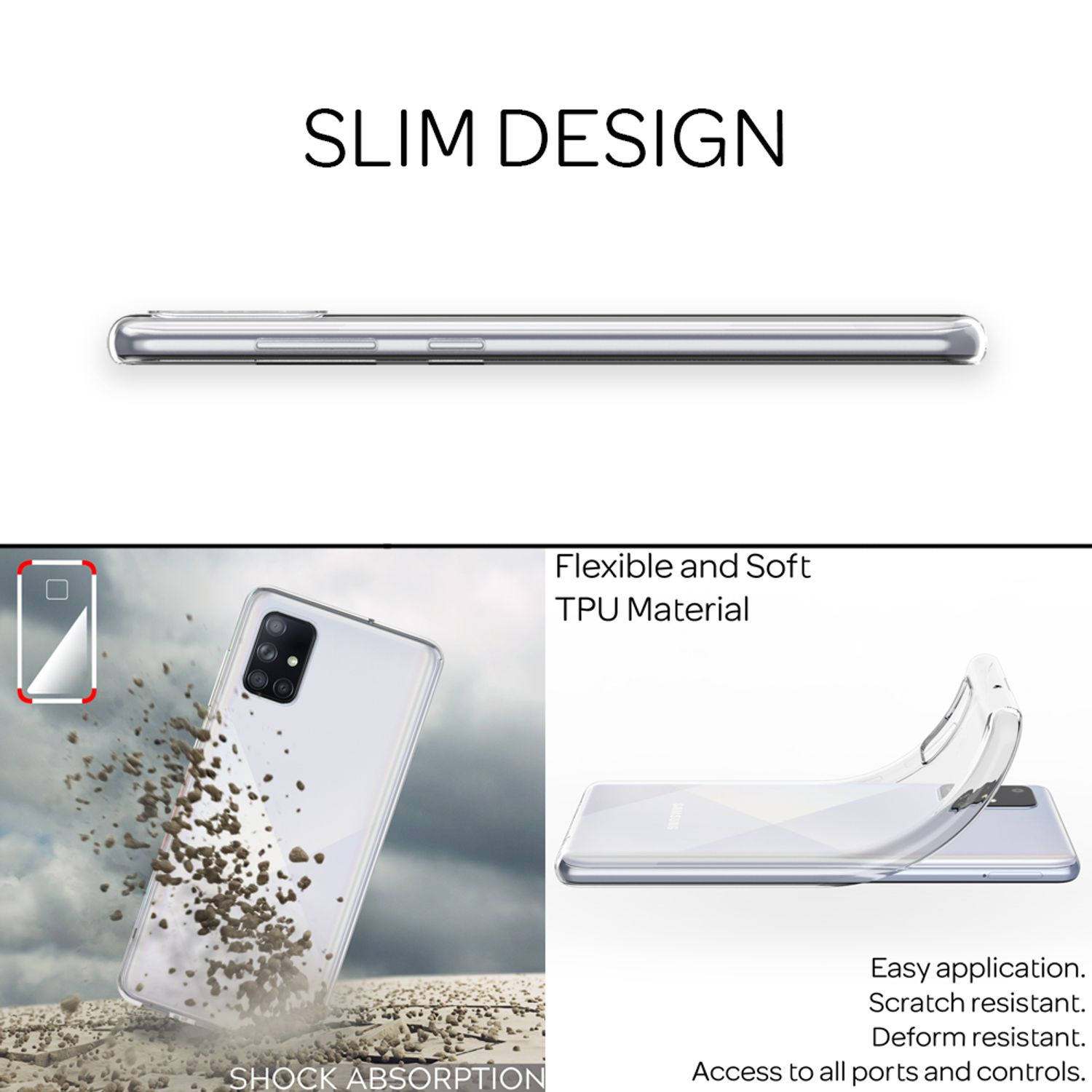 Funda de teléfono de diseño delgado cayendo, con texto.