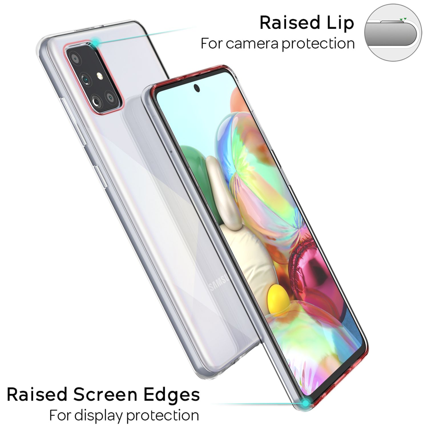 Funda transparente para teléfono con bordes elevados para proteger cámara y pantalla.