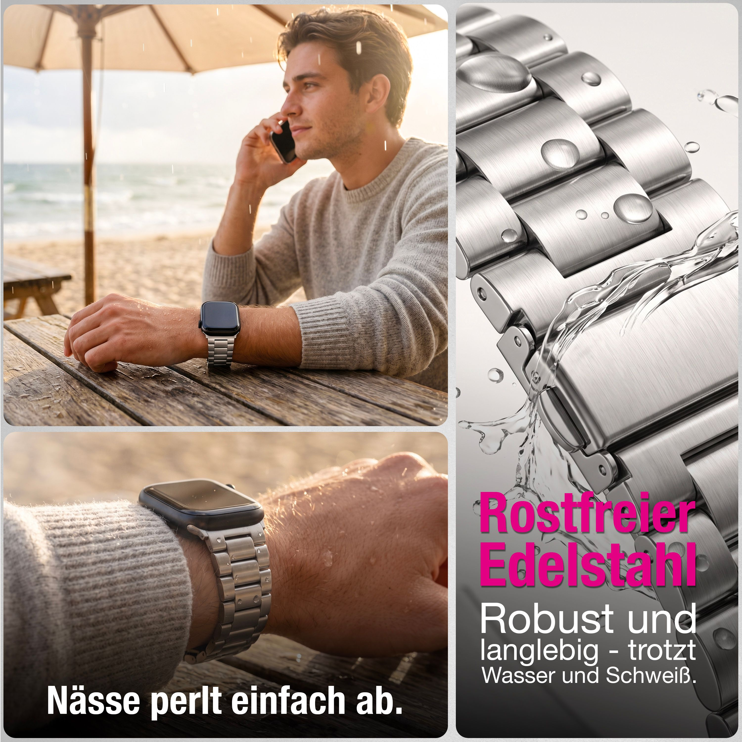 Ein Mann am Strand telefoniert, während Regen fällt. Ein Uhrenarmband ist nass.