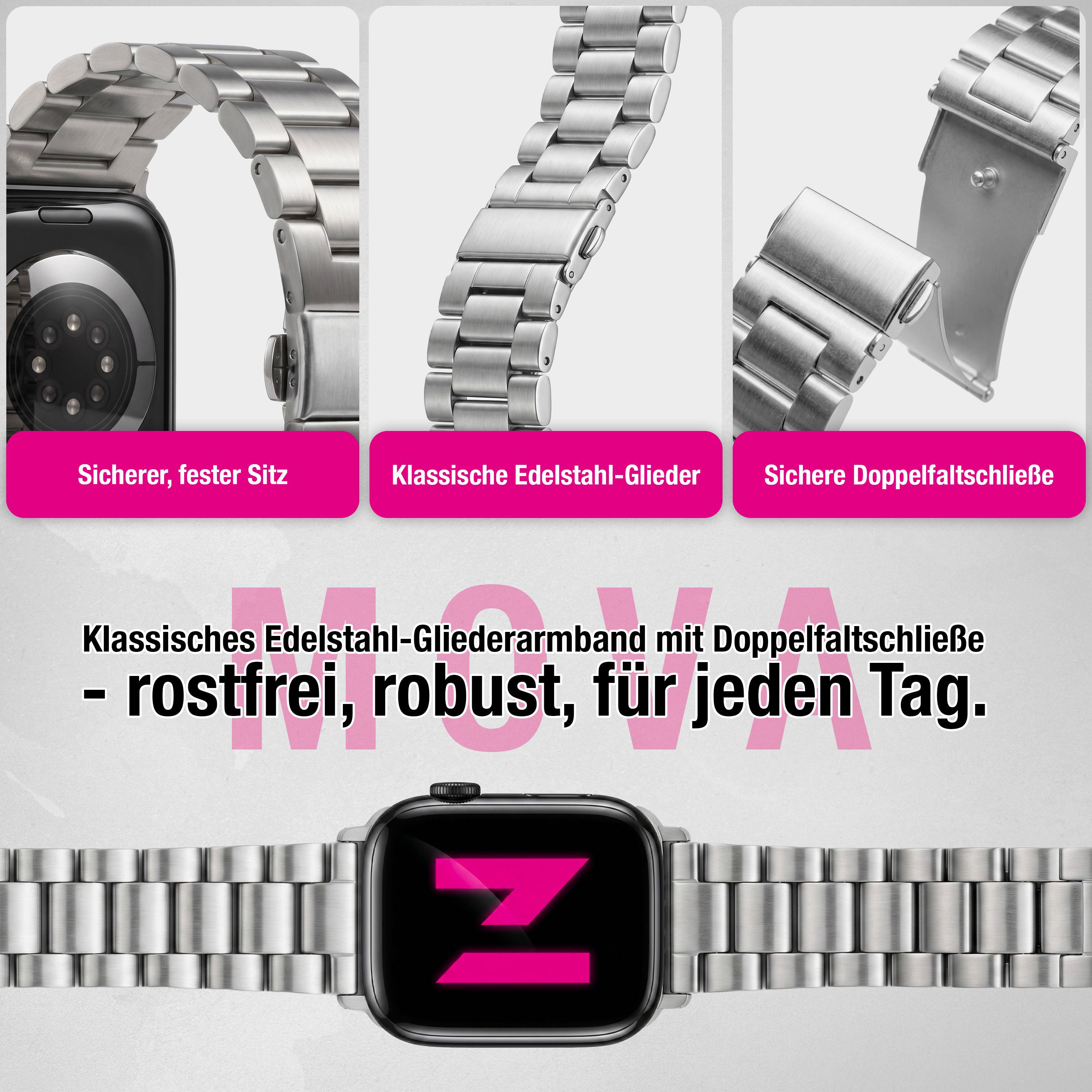 Edelstahl-Uhrenarmband mit Faltschließe, sicher und robust.